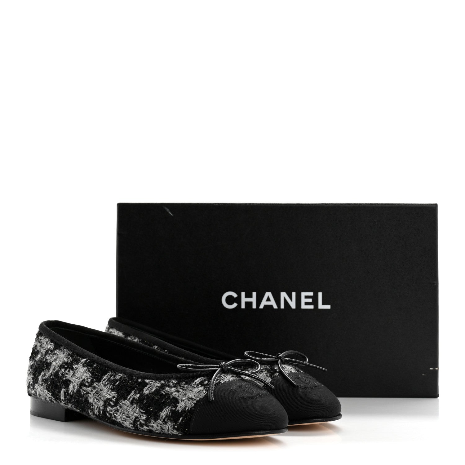 Wool Cotton Tweed Grosgrain Cap Toe Ballerina Flats 38 Black Gray