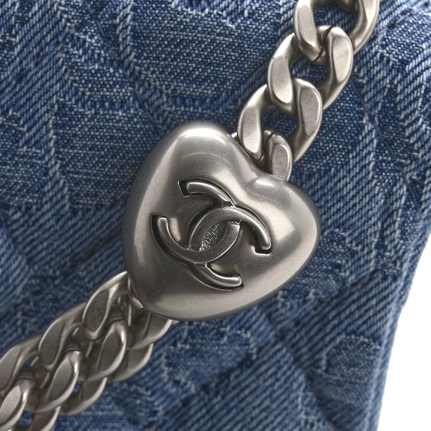 Denim Quilted Camellia Sweetheart Card Holder With Chain Blue