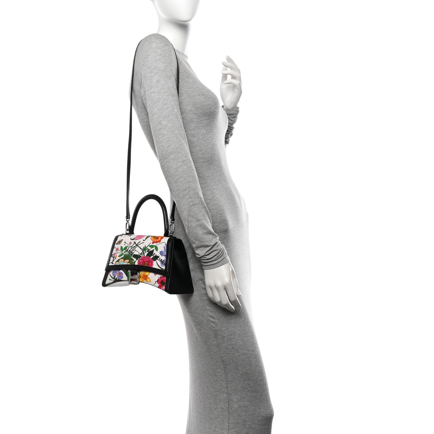 X GUCCI Canvas Boarded Plutone Calfskin Flora Logo Print Small Hourglass Top Handle Bag White Multicolor Black