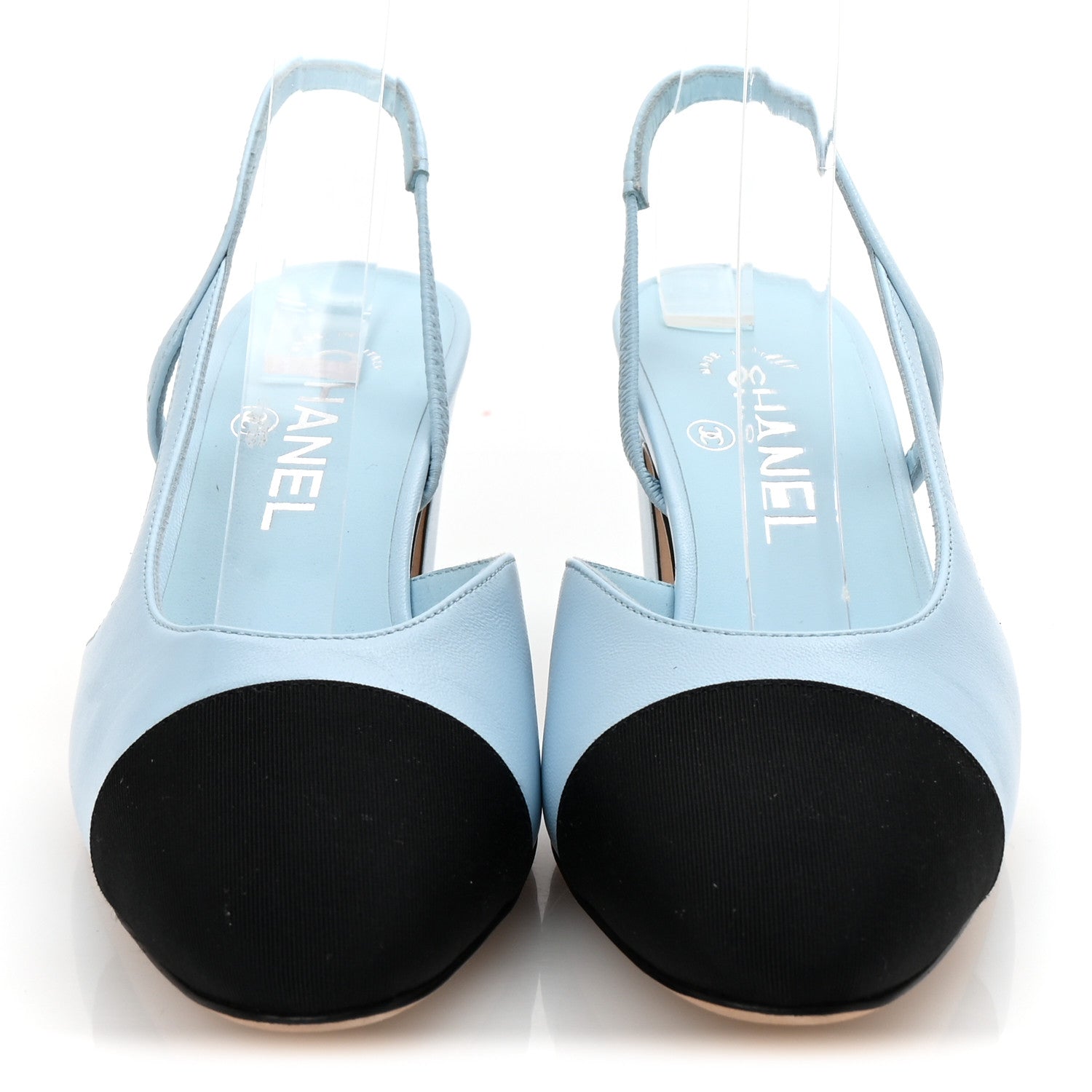 Lambskin Grosgrain Cap Toe CC Slingback Pumps 38 Light Blue Black