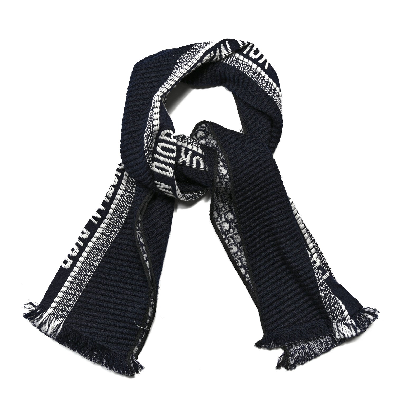 Wool Silk Oblique University Reversible Scarf Navy Blue