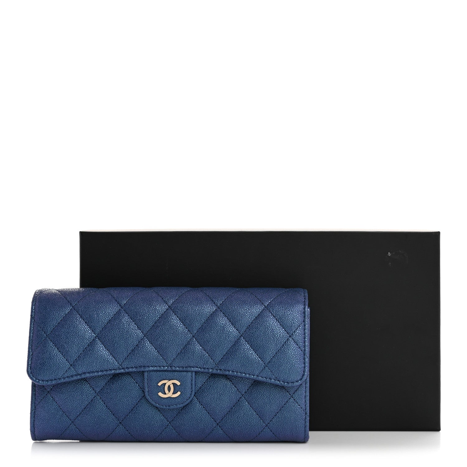 Iridescent Caviar Quilted Large Gusset Flap Wallet Dark Blue