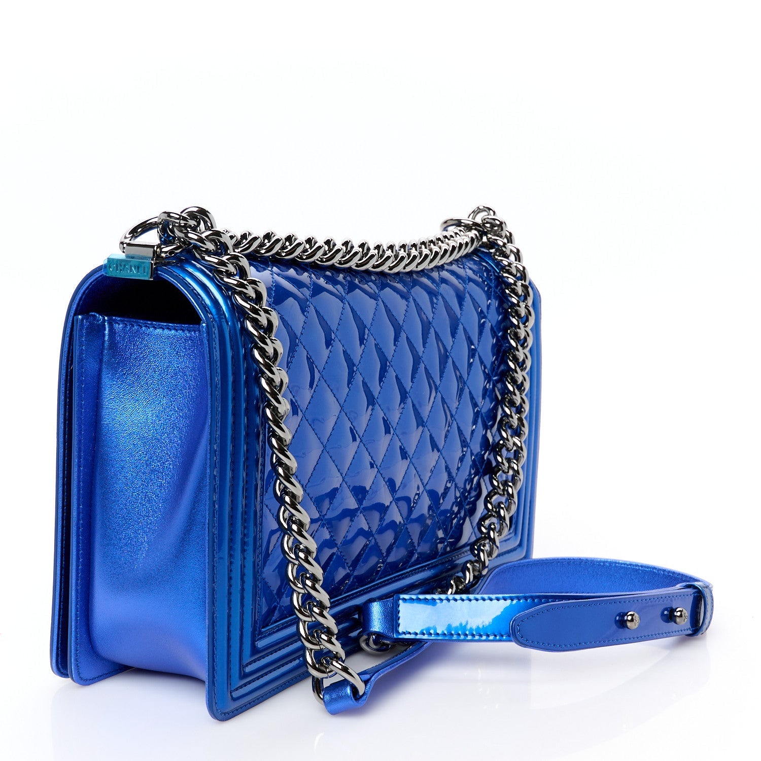 Metallic Patent Quilted New Medium Boy Flap Blue