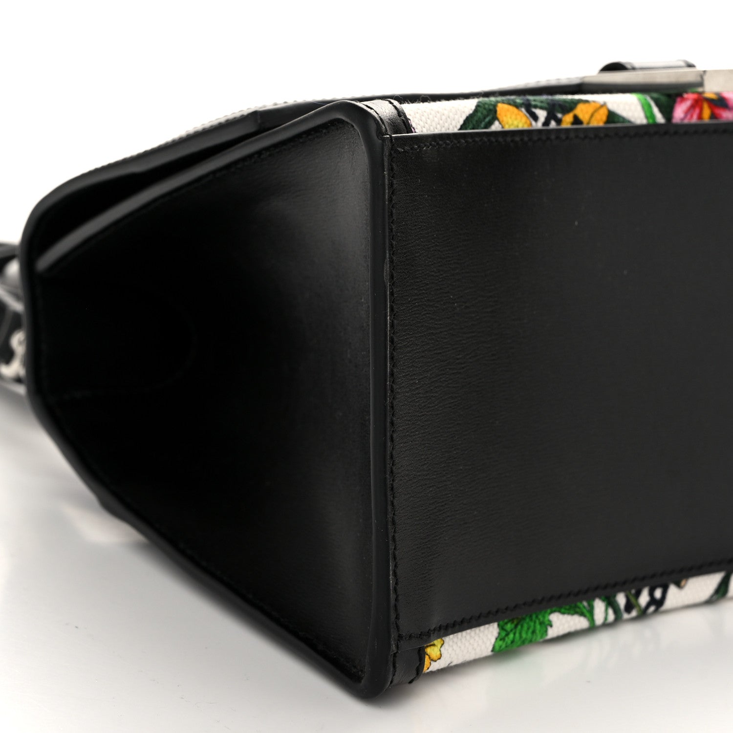 X GUCCI Canvas Boarded Plutone Calfskin Flora Logo Print Small Hourglass Top Handle Bag White Multicolor Black