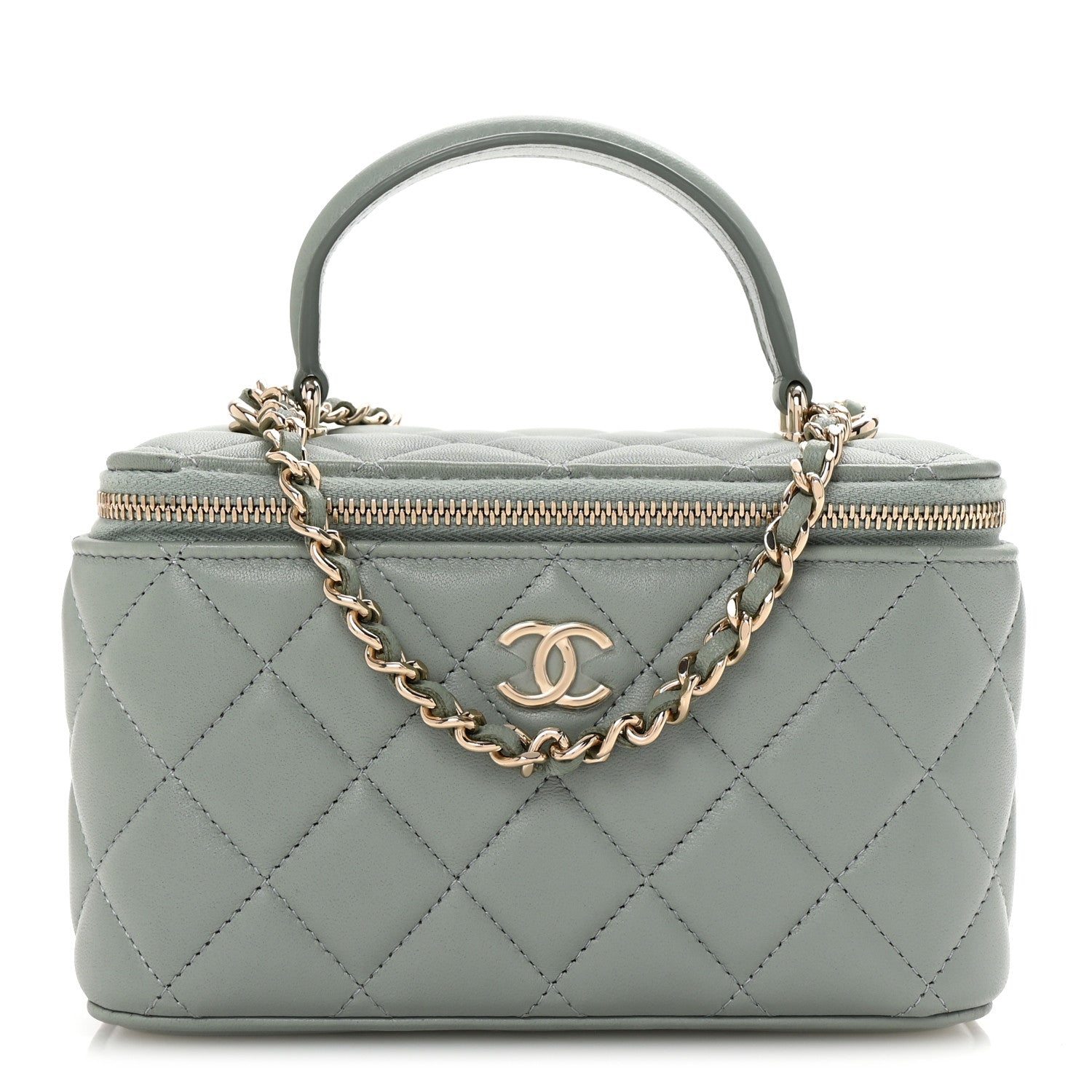 Lambskin Quilted Small Top Handle Vanity Case With Chain Light Blue