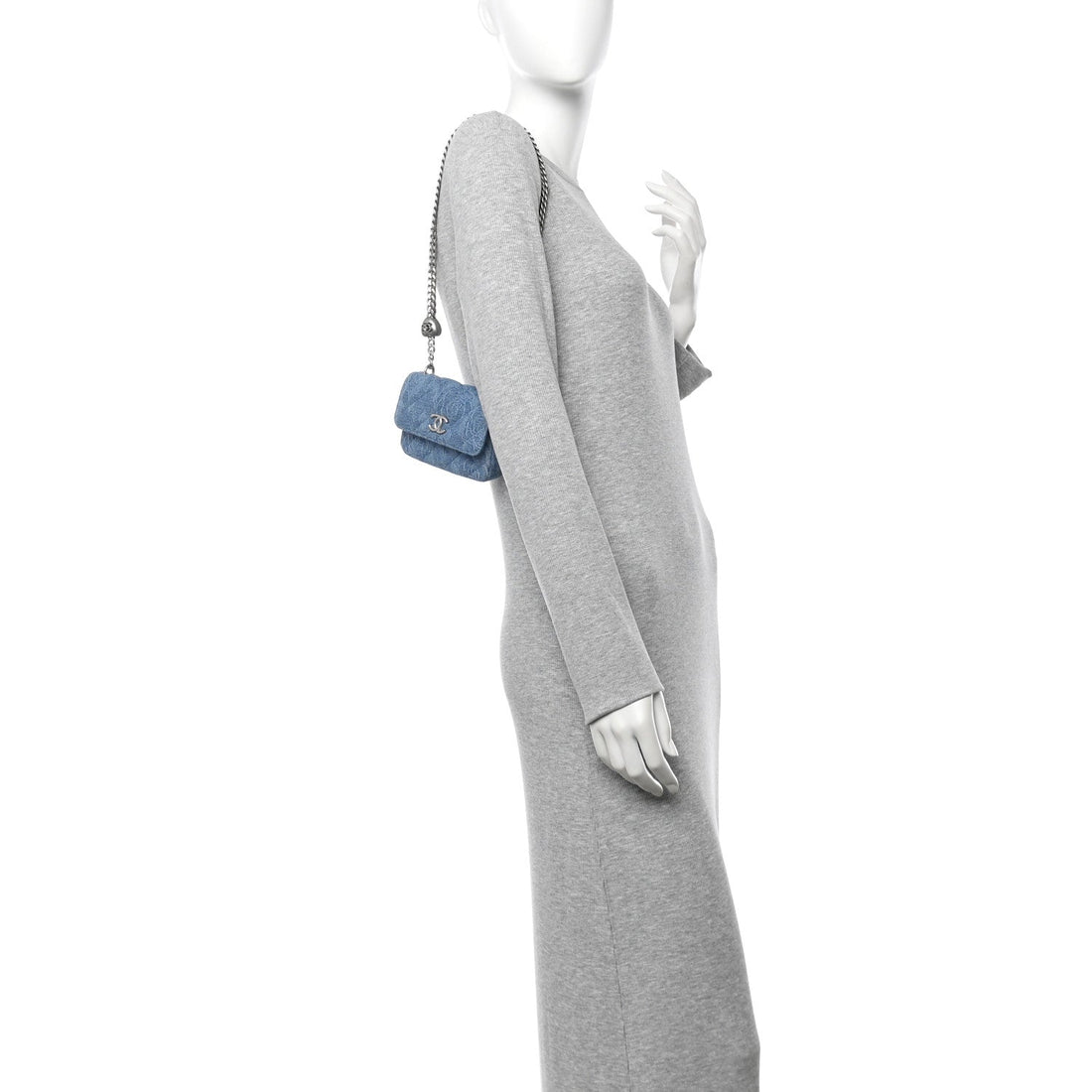 Denim Quilted Camellia Sweetheart Card Holder With Chain Blue