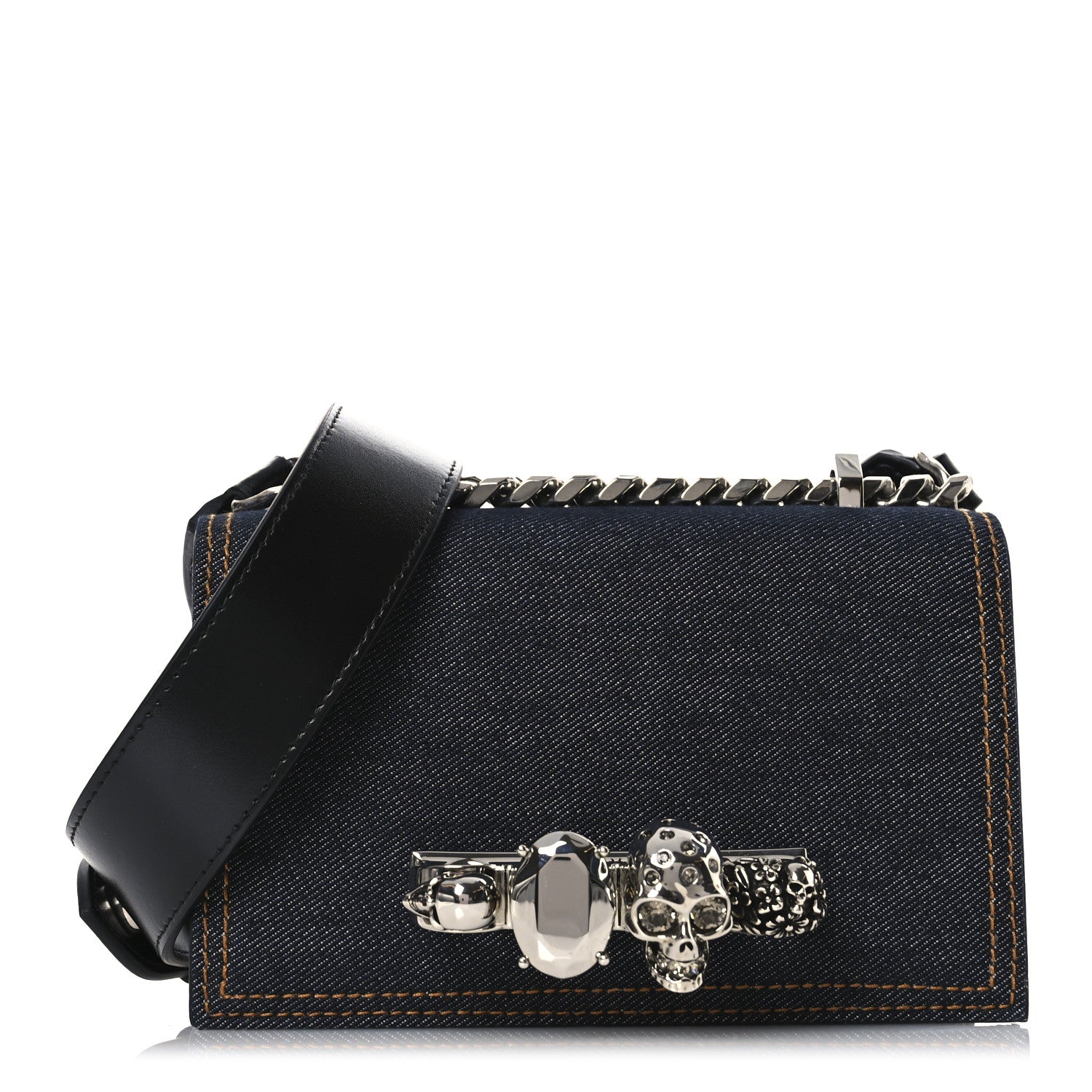 Denim Studded Jeweled Mini The Biker Knuckle Satchel Blue