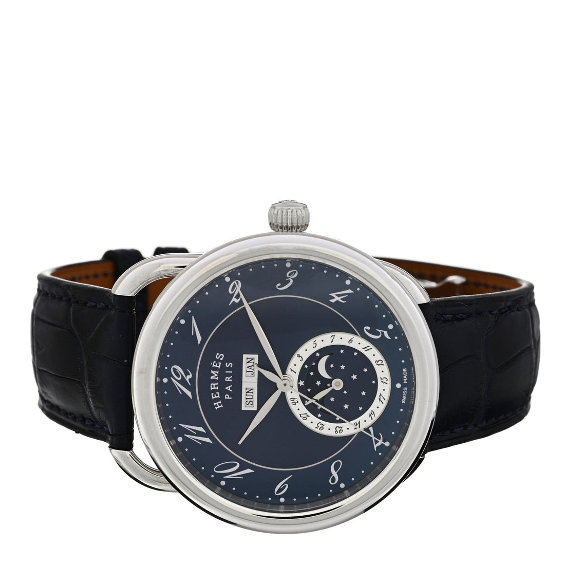 Stainless Steel Alligator 43mm Arceau Grande Lune Automatic Watch Bleu Abysse