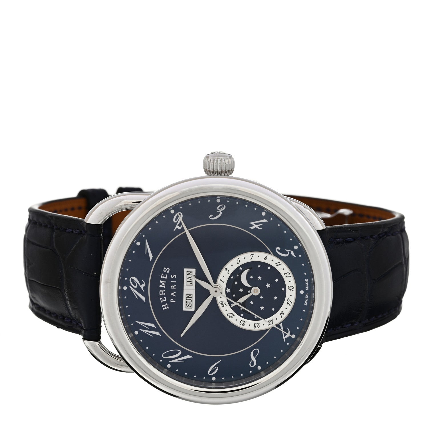 Stainless Steel Alligator 43mm Arceau Grande Lune Automatic Watch Bleu Abysse