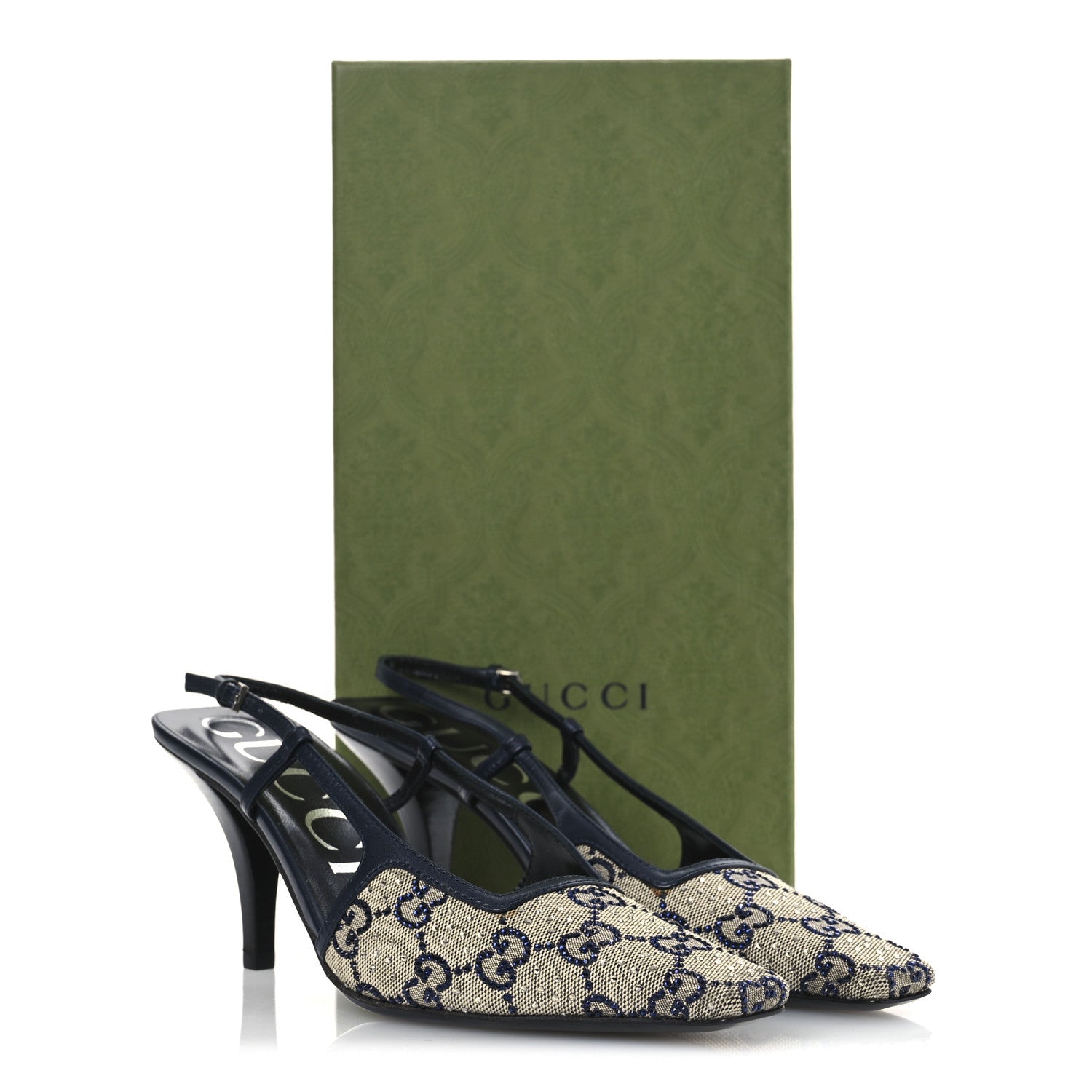 GG Monogram Malaga Kid Crystal Square G 75mm Slingback Pumps 37.5 Beige Blue