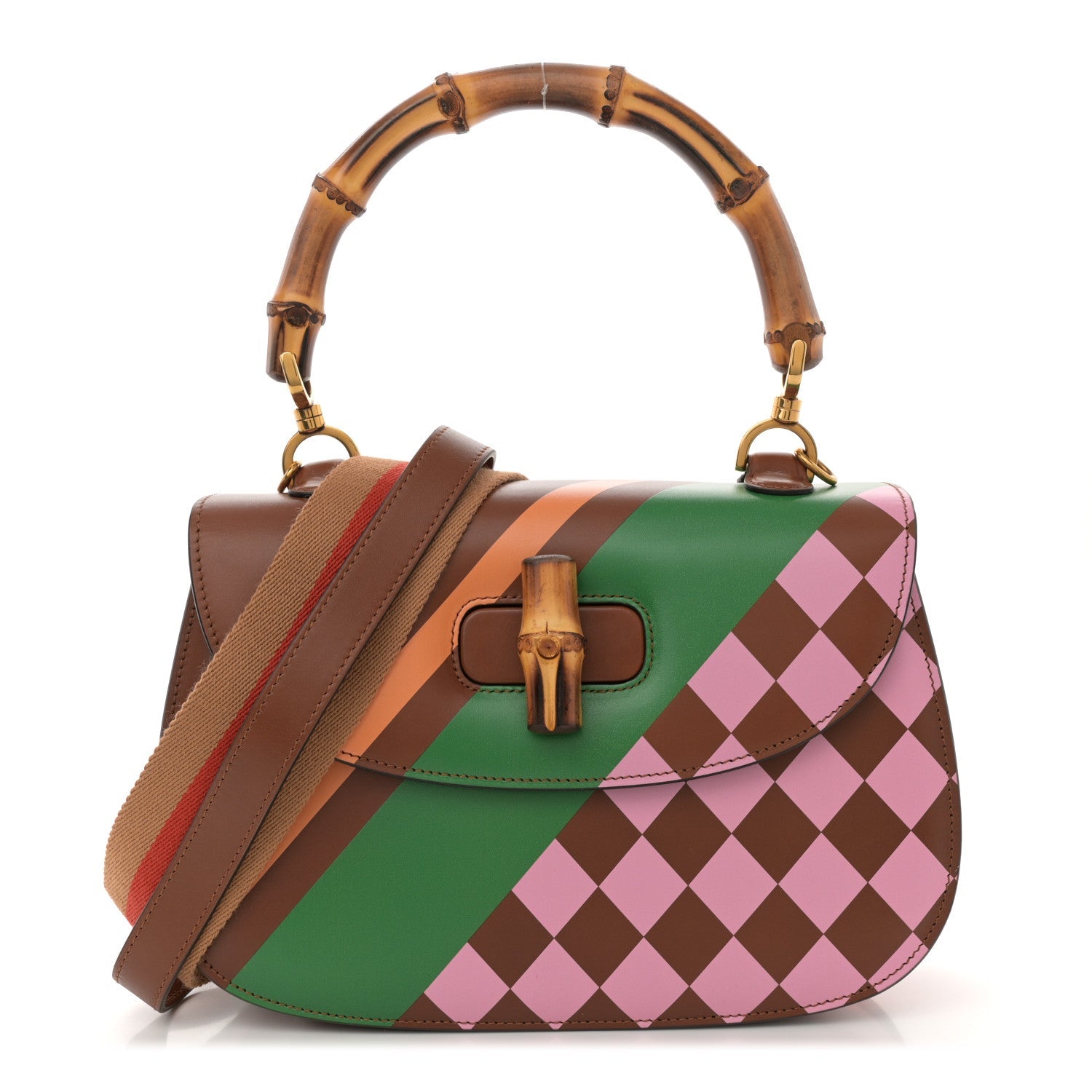 Calfskin Geometric Print Medium Bamboo 1947 Top Handle Bag Brown