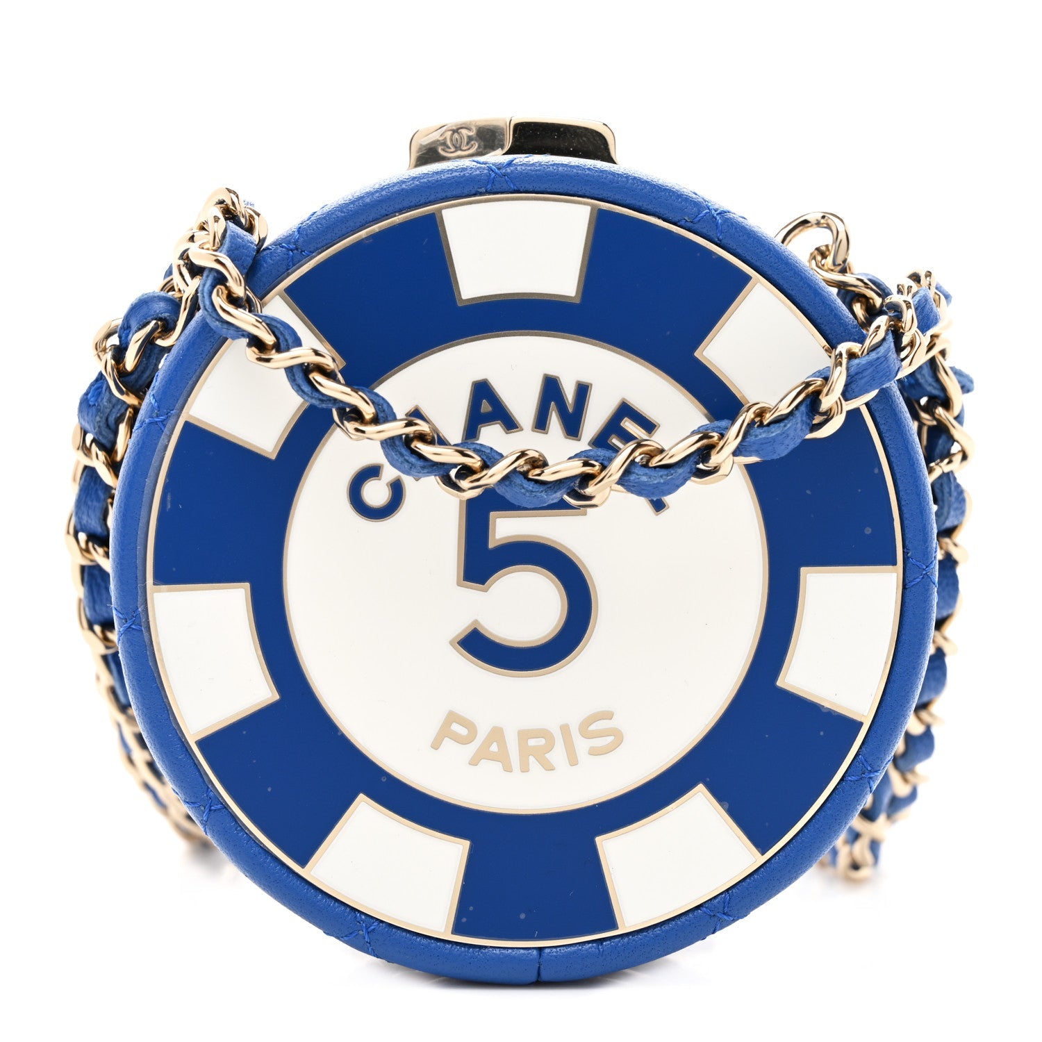 Lambskin Enamel Quilted Round Poker Chip Clutch With Chain Blue White
