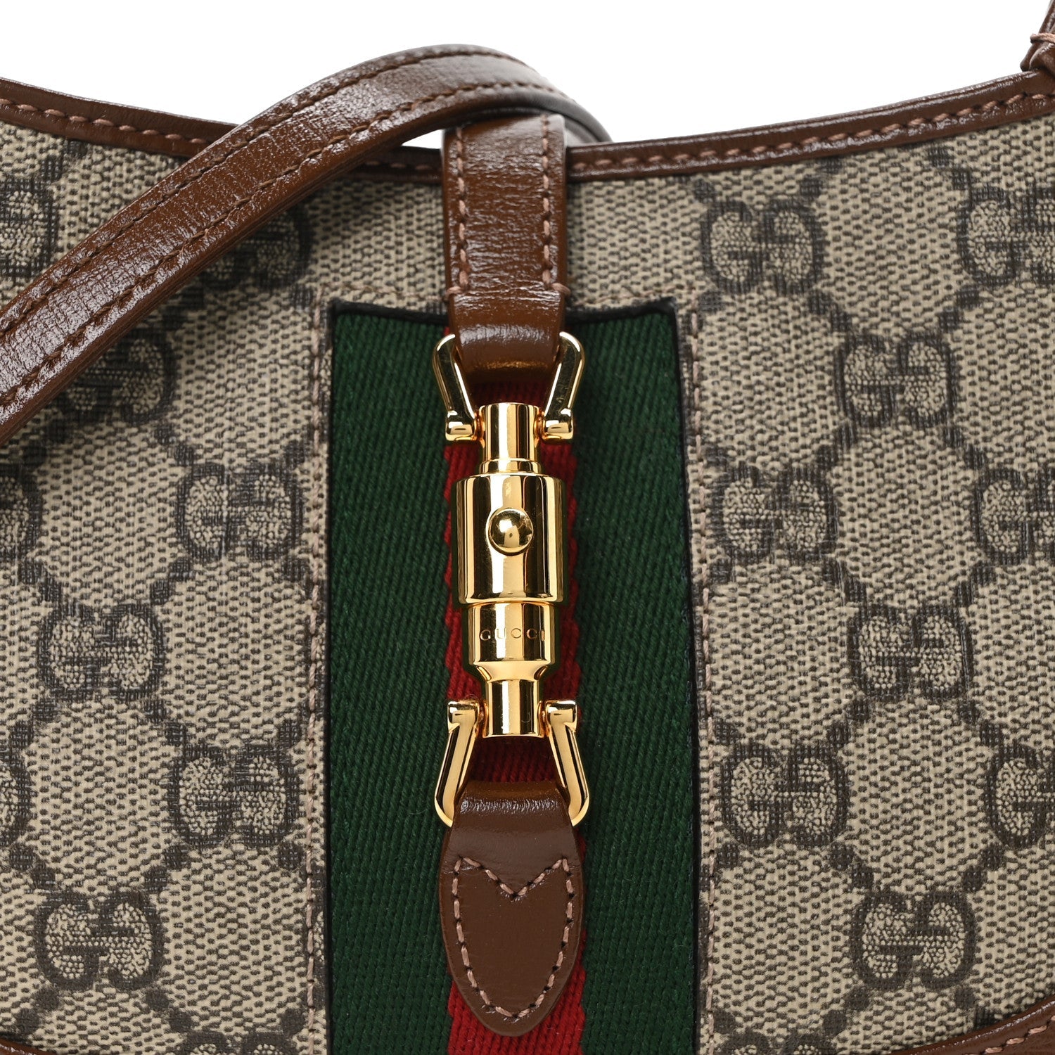 GG Supreme Monogram Azalea Calfskin Web Mini Jackie 1961 Hobo Beige Ebony Brown Sugar