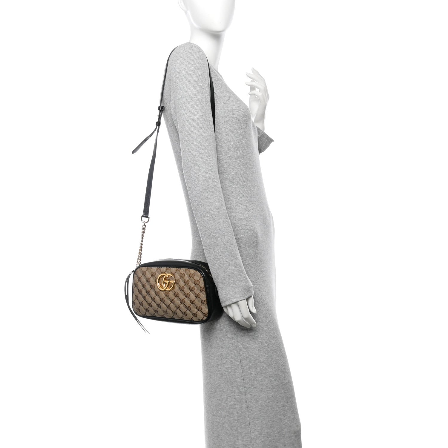 Monogram Matelasse Diagonal Small GG Marmont Chain Shoulder Bag Beige Black