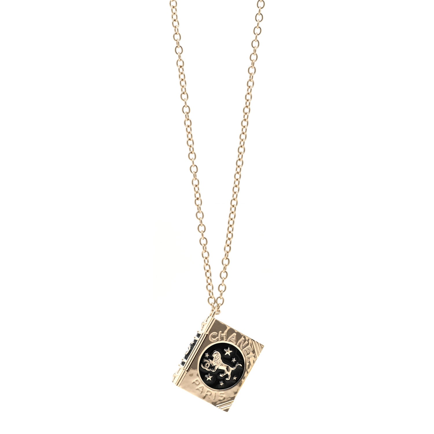 Metal CC Lion Book Locket Necklace Gold