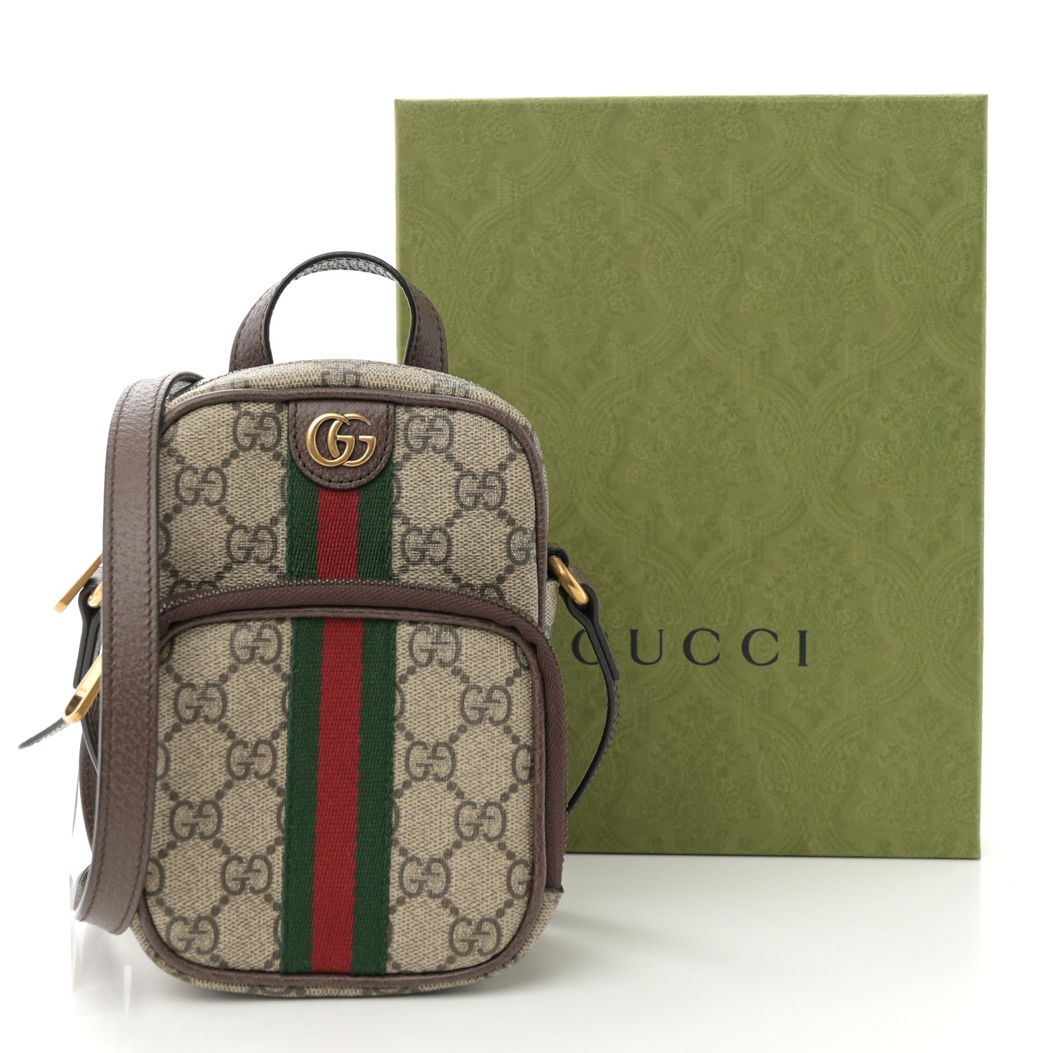 GG Supreme Monogram Web Mini Ophidia Double Zip Messenger Bag Beige New Acero