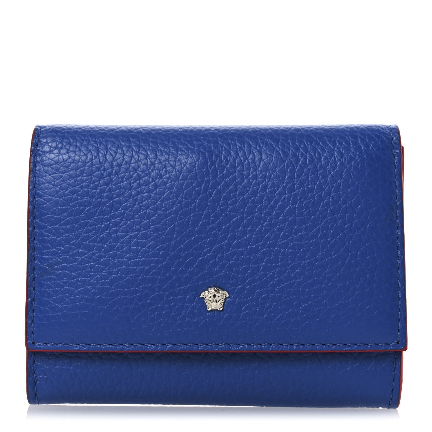 Grained Calfskin Medusa Card Holder  Blue Rockerfeller Red