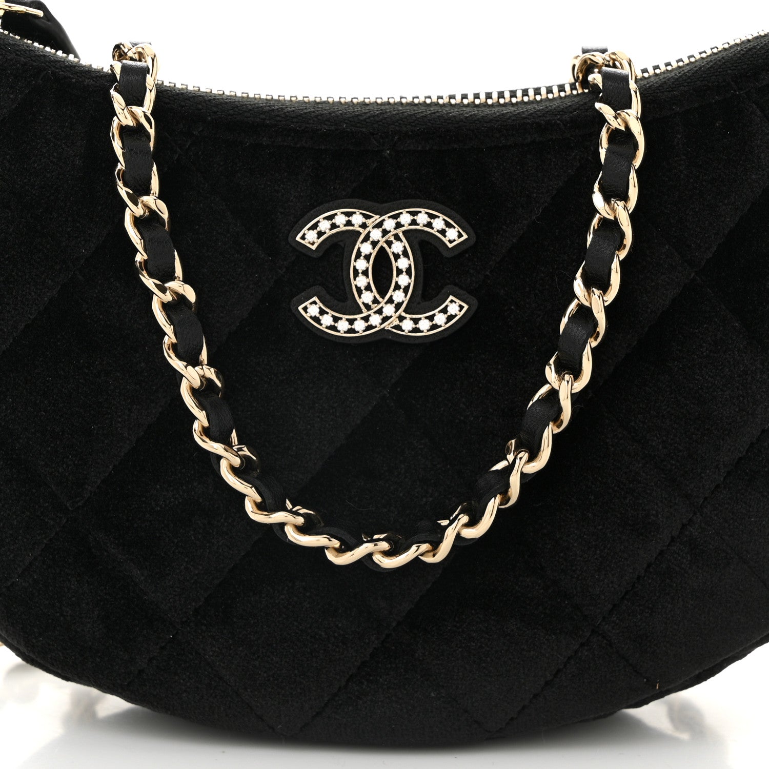 Velvet Crystal Quilted Chain Hobo Black