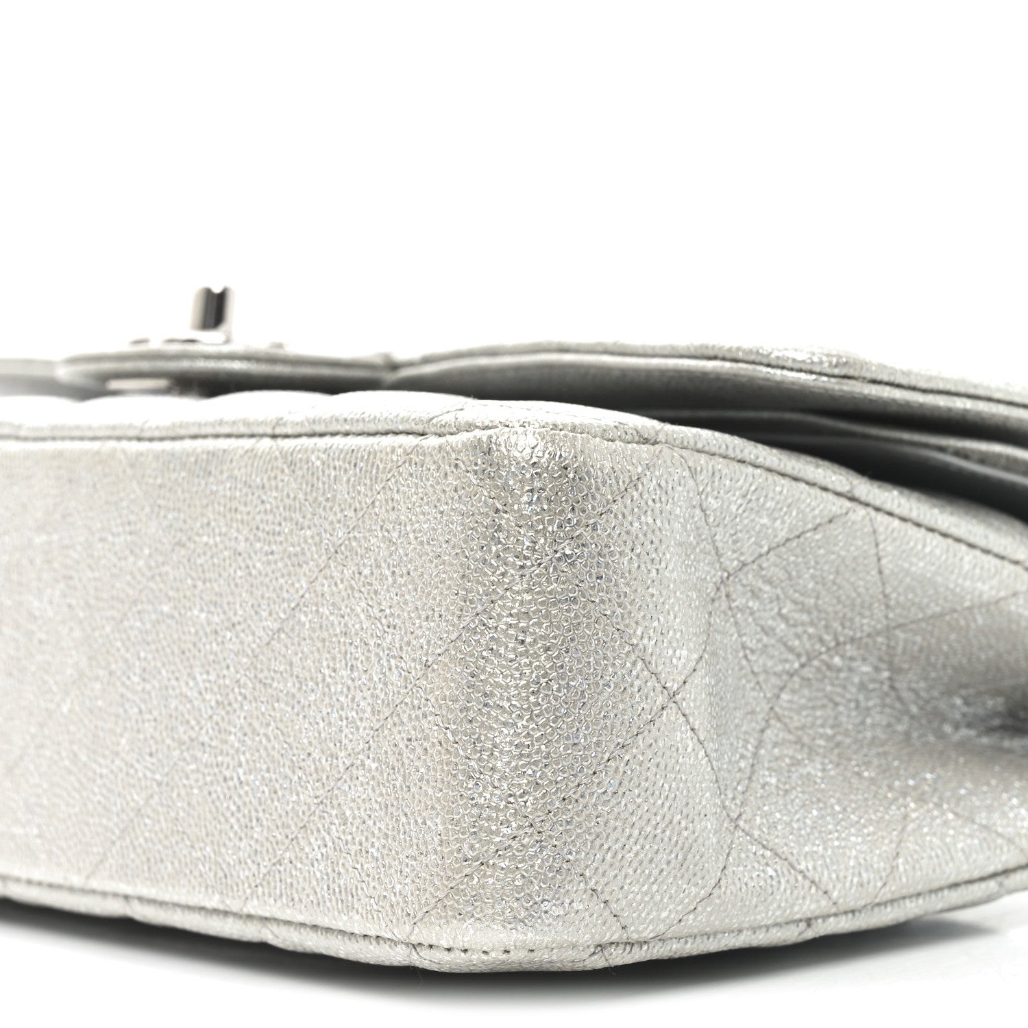 Glittered Metallic Caviar Quilted Medium Double Flap Silver