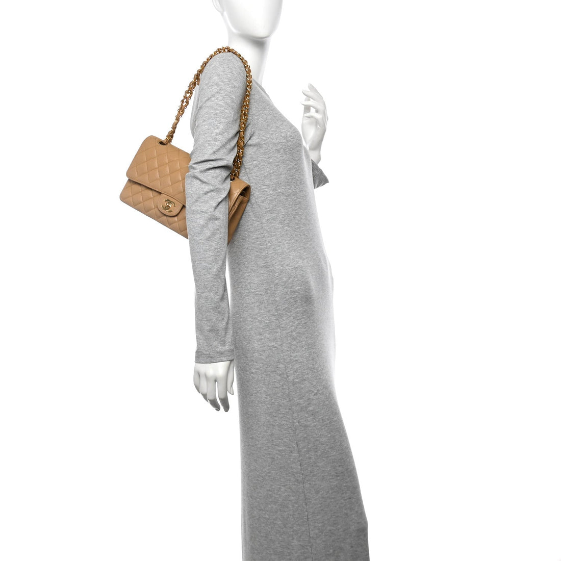 Caviar Quilted Medium Double Flap Beige