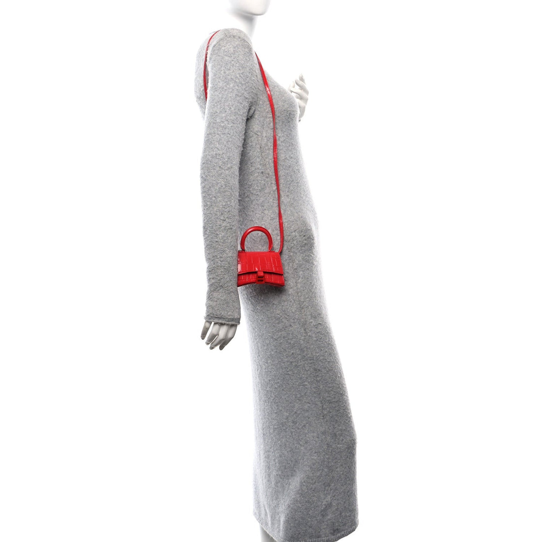 Shiny Calfskin Tonal B Crocodile Embossed Hourglass Top Handle Bag Mini Bright Red