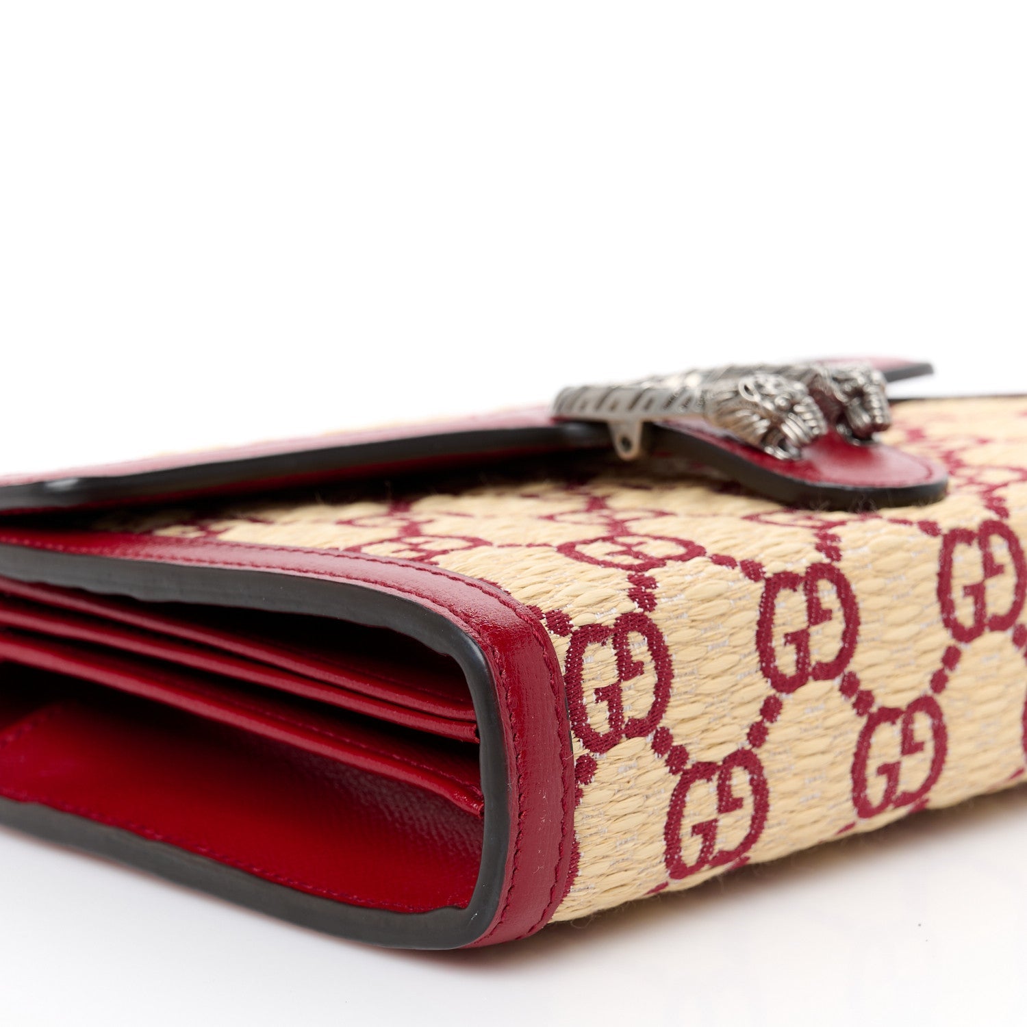 Straw Jacquard Azalea Calfskin GG Monogram Mini Dionysus Chain Wallet Natural New Cherry Red