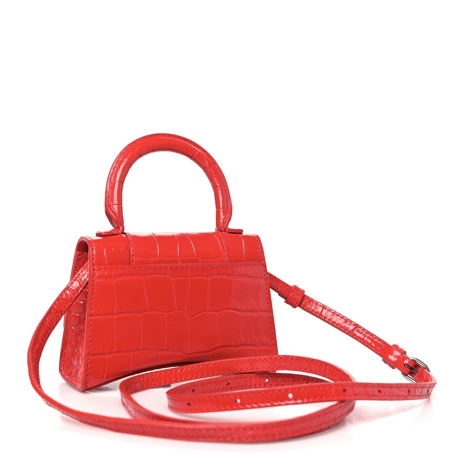 Shiny Calfskin Tonal B Crocodile Embossed Hourglass Top Handle Bag Mini Bright Red