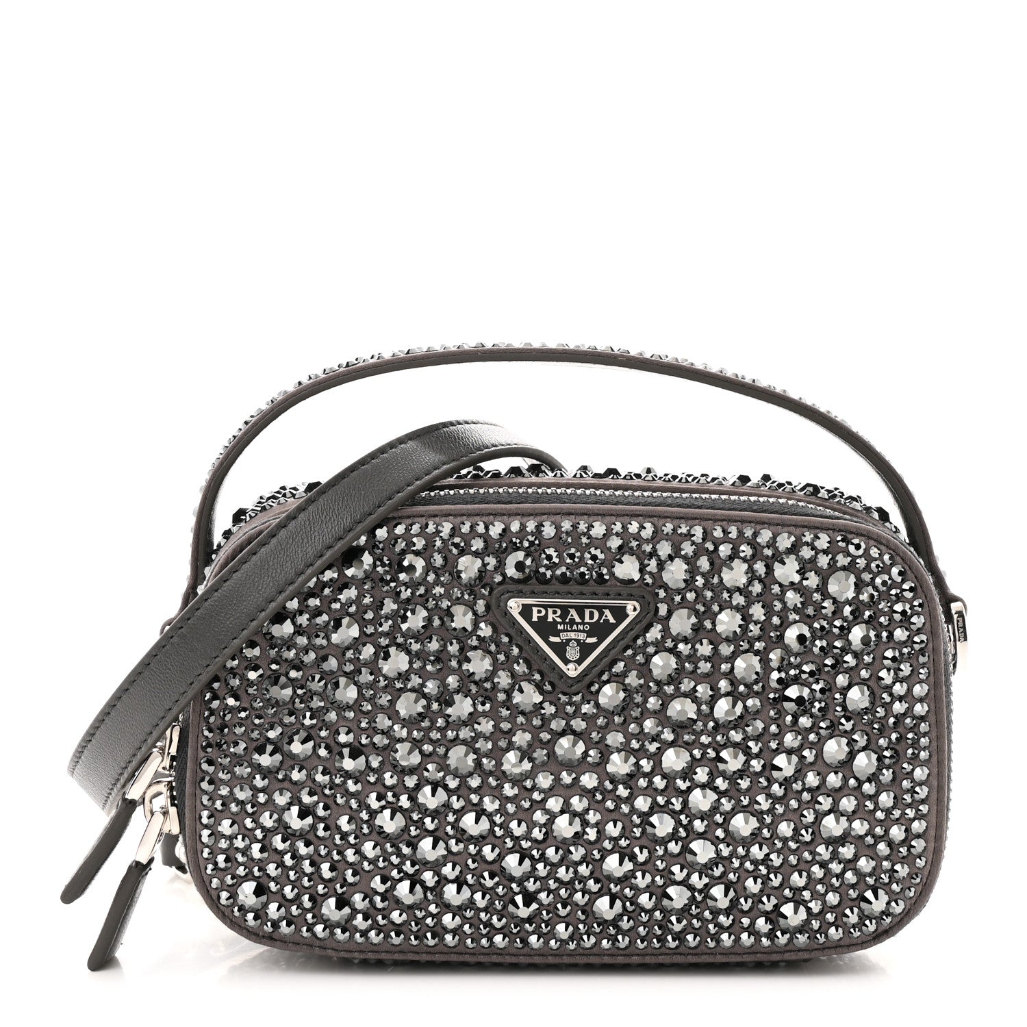 Satin Crystal Metal Triangle Logo Odette Crossbody Fumo