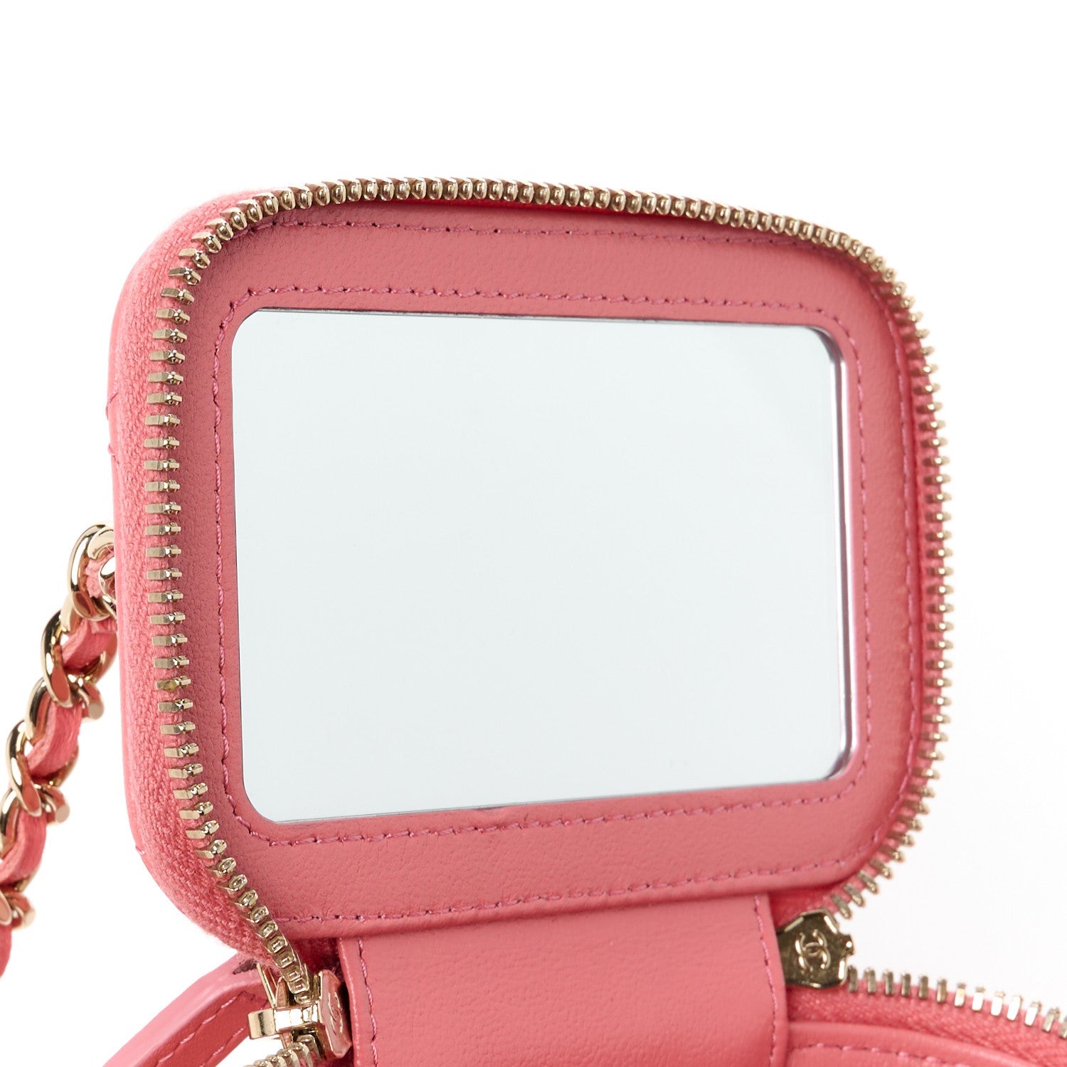 Lambskin Quilted Crystal Top Handle Mini Vanity Case With Chain Coral