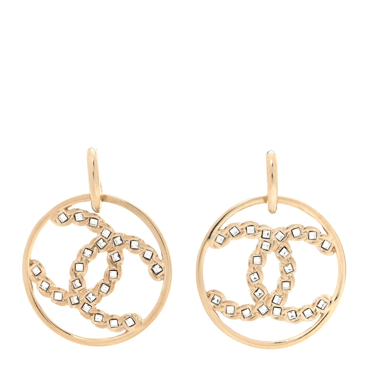 Crystal Chain Chanel Strass CC Drop Earrings Gold