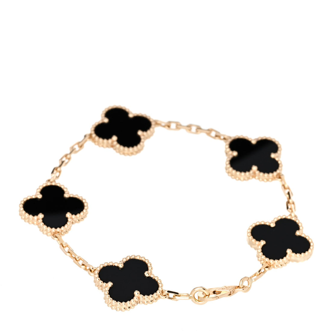 18K Yellow Gold Black Onyx 5 Motifs Vintage Alhambra Bracelet