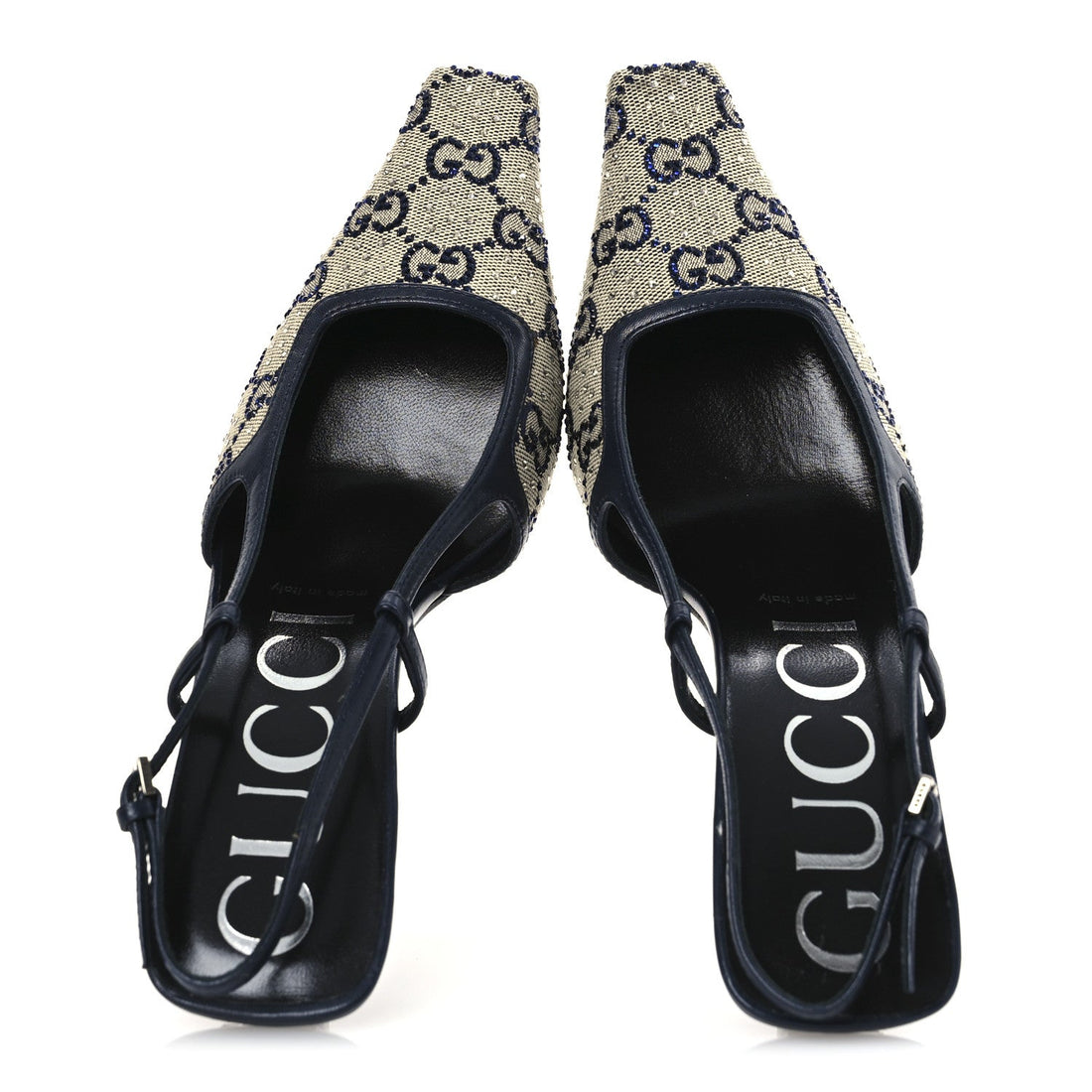 GG Monogram Malaga Kid Crystal Square G 75mm Slingback Pumps 37.5 Beige Blue