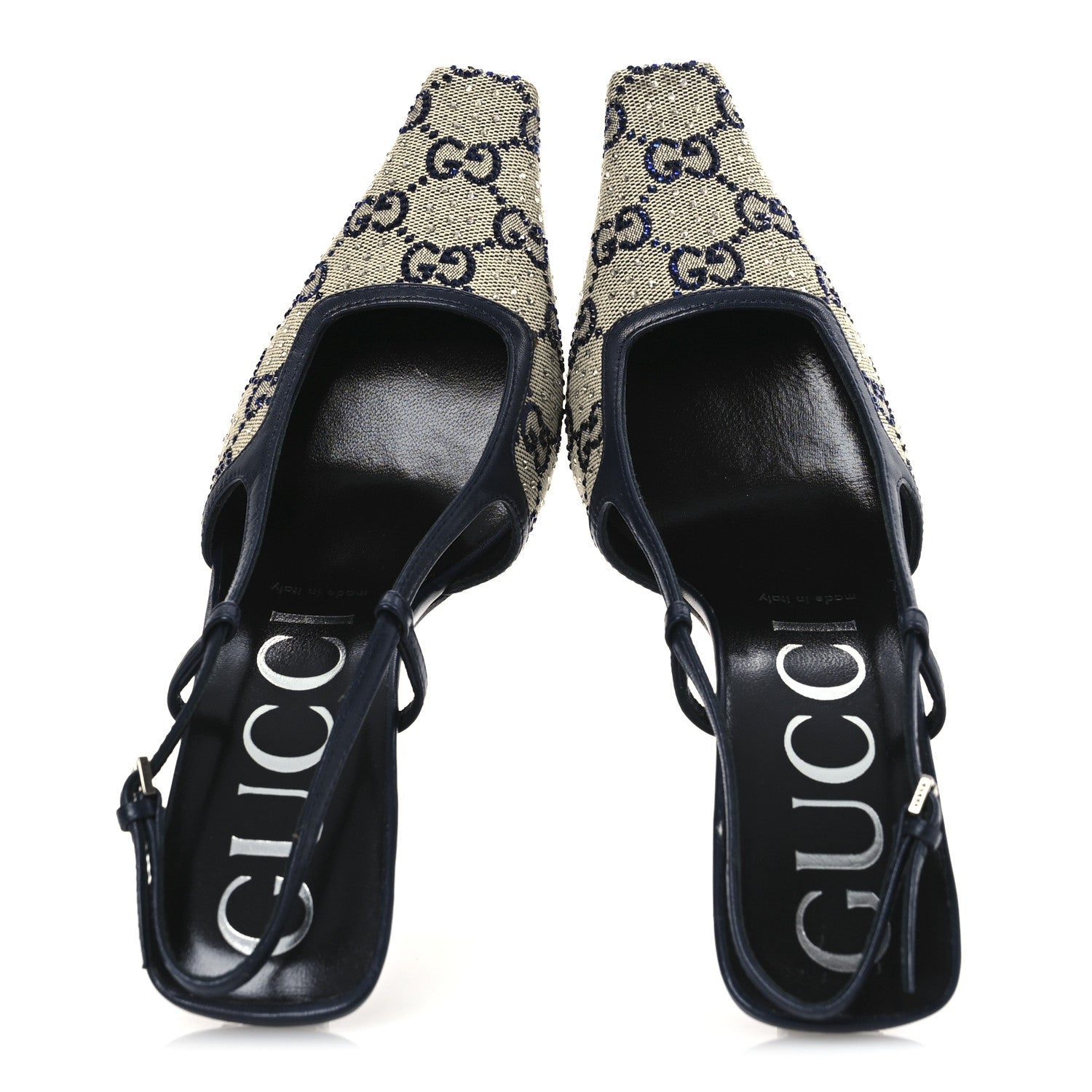 GG Monogram Malaga Kid Crystal Square G 75mm Slingback Pumps 37.5 Beige Blue