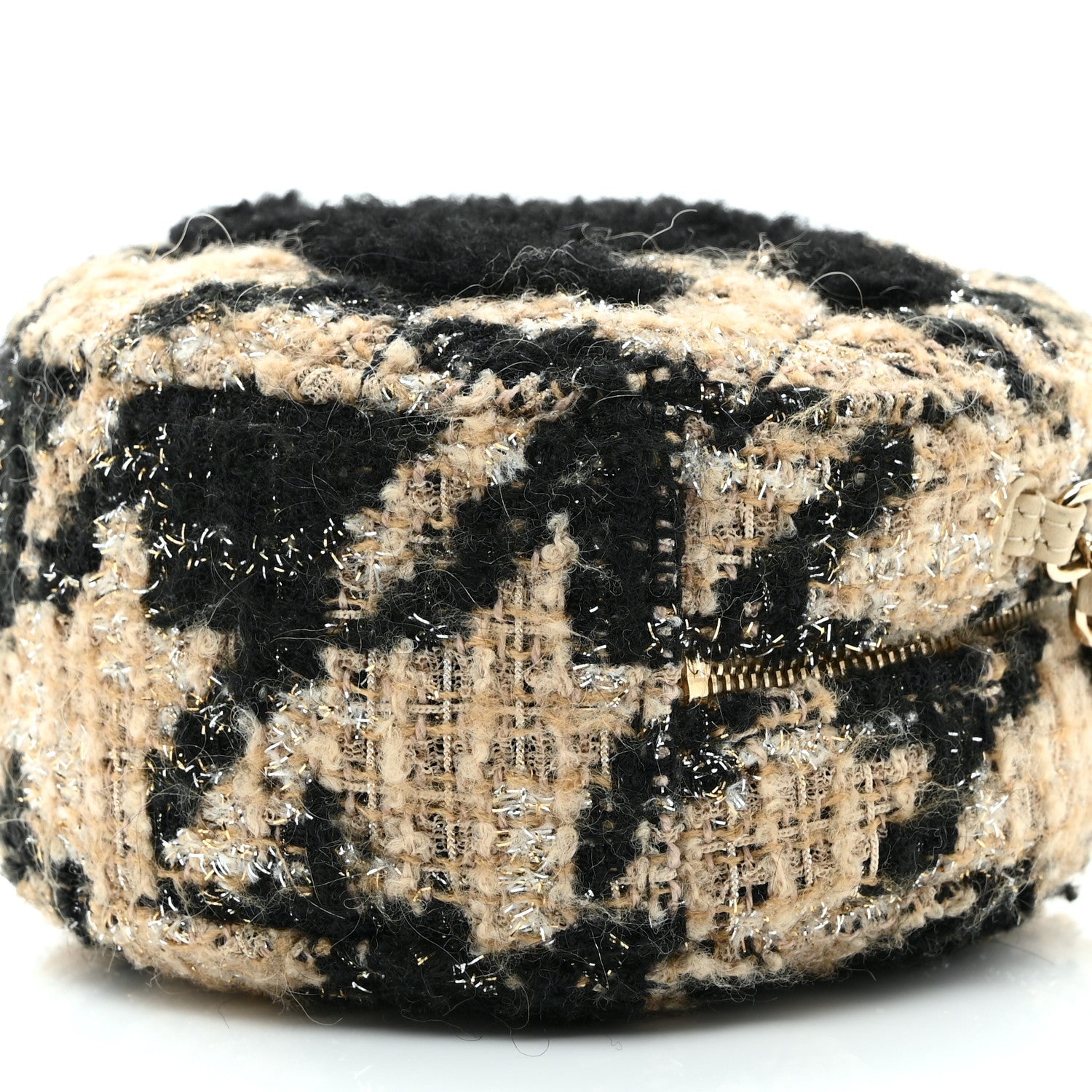 Tweed Shearling Quilted Round Clutch With Chain and Coin Purse Beige Black