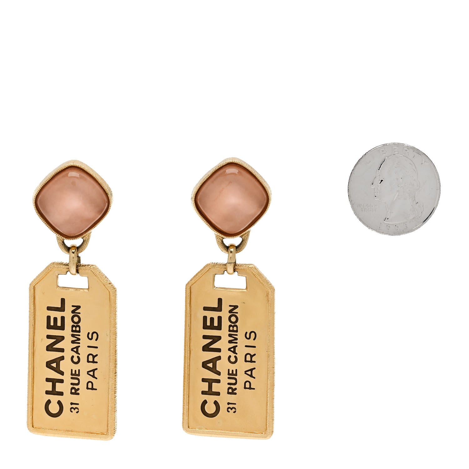 CC Tags Drop Earrings Gold Pink