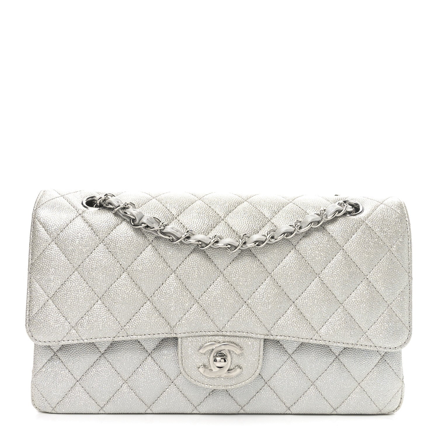Glittered Metallic Caviar Quilted Medium Double Flap Silver