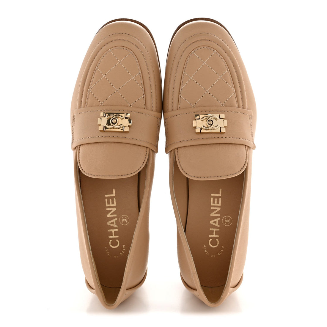 Lambskin Quilted Womens CC Loafers 37 Dark Beige