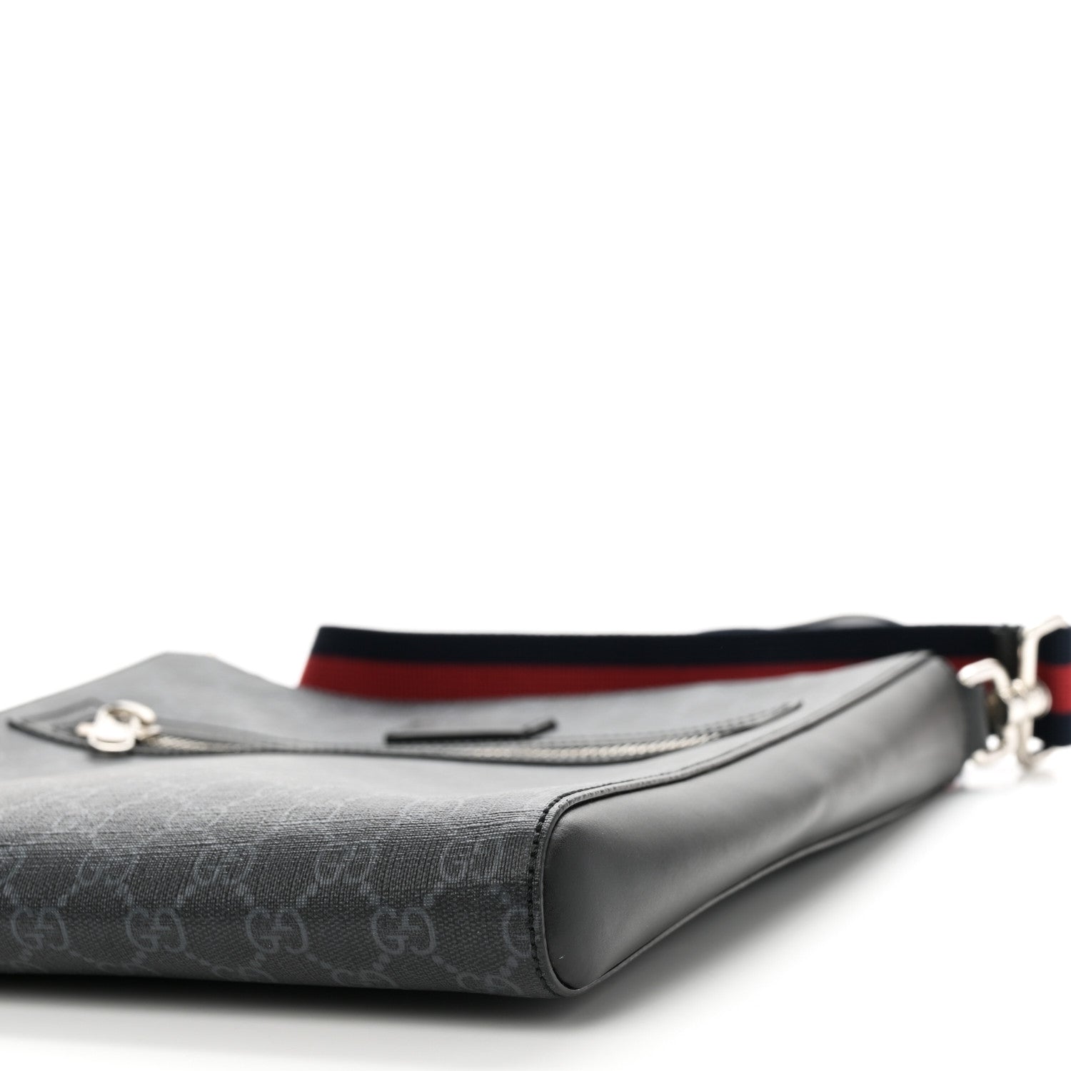 GG Supreme Monogram Appia Calfskin Web Flat Messenger Bag Black Grey