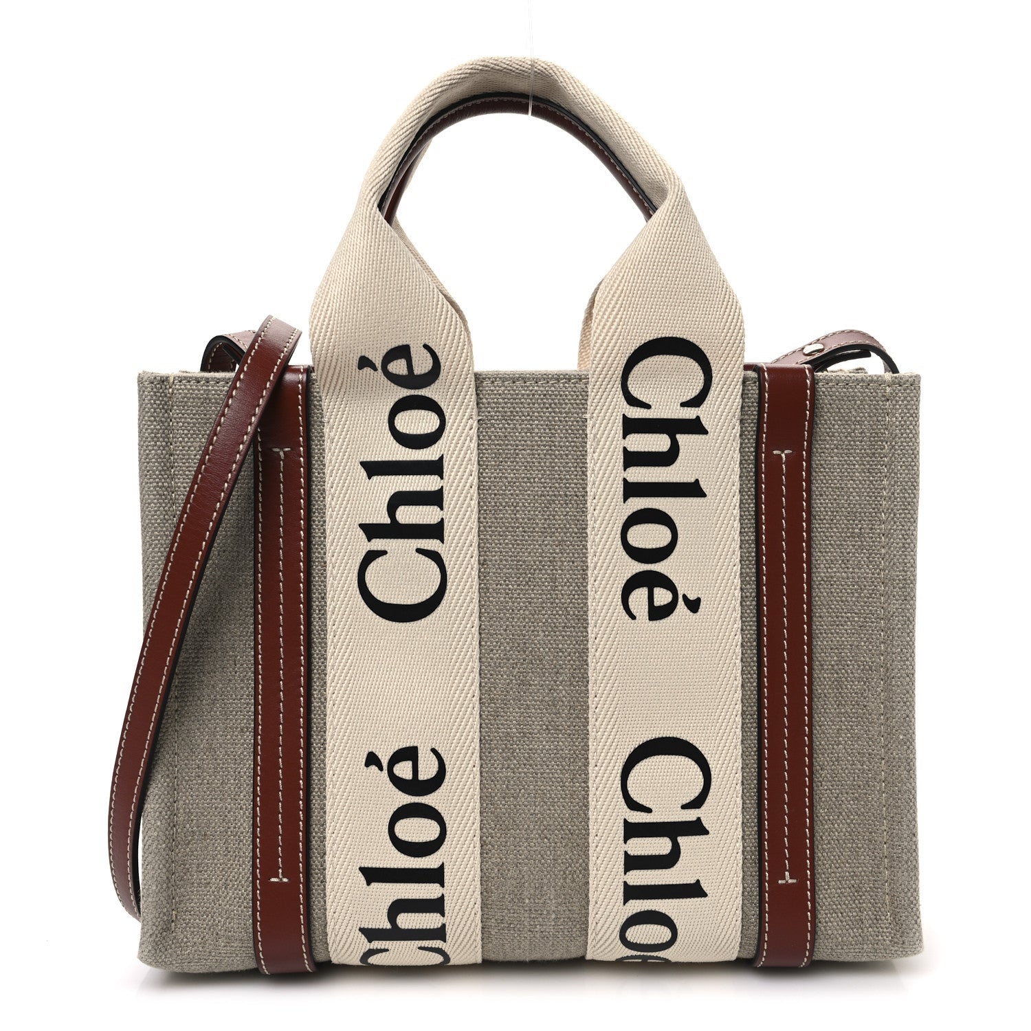 Linen Calfskin Small Woody Ribbon Tote With Strap White Brown