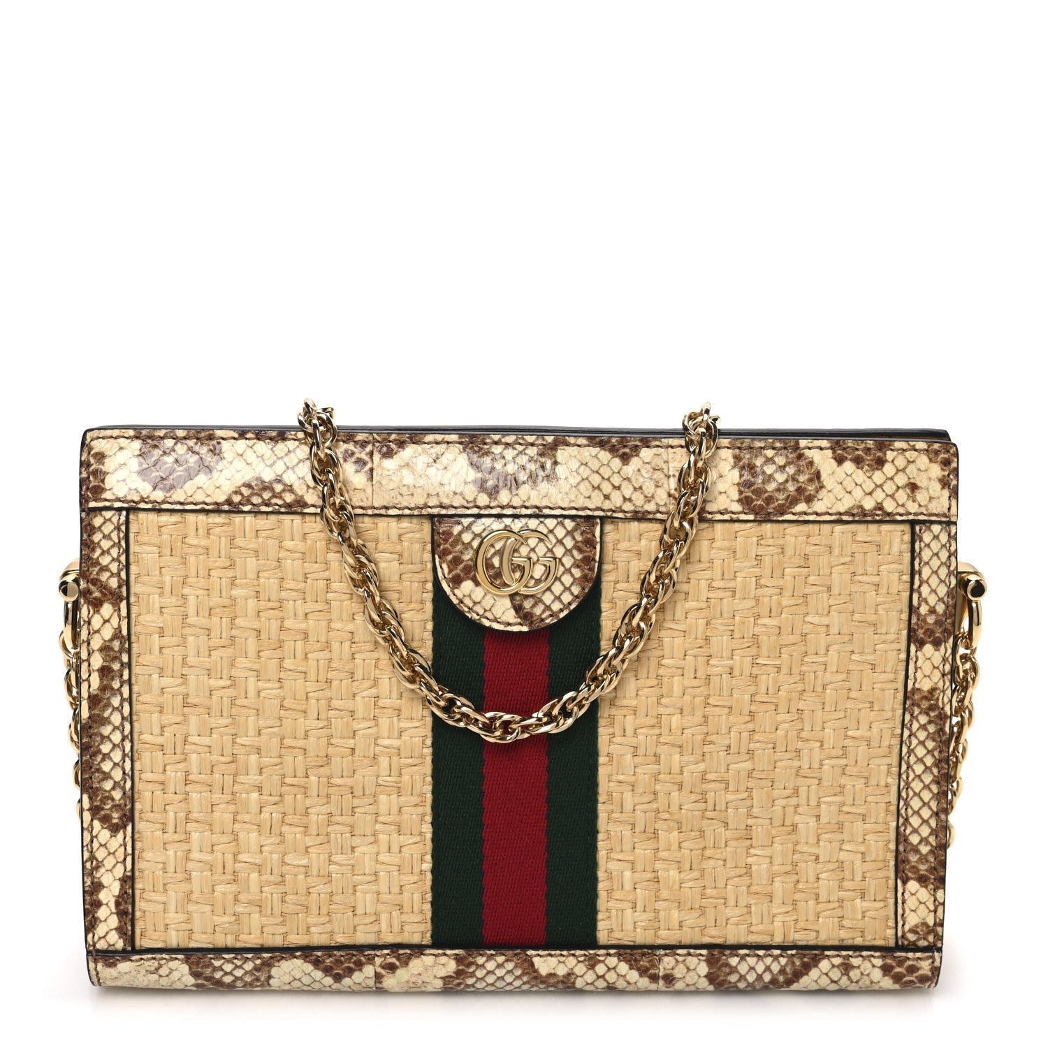 Raffia Elaphe GG Small Ophidia Chain Shoulder Bag Natural Cream Brown