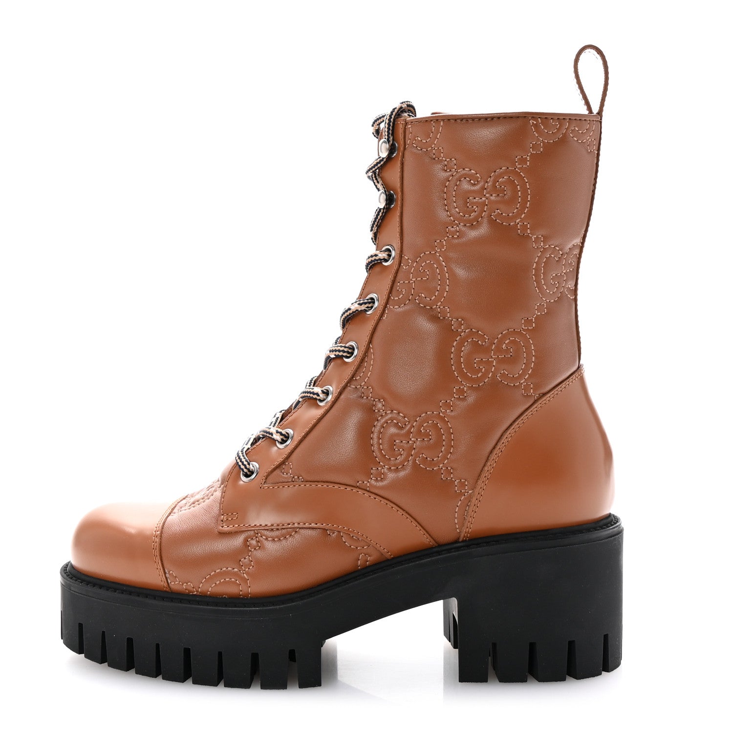 Cordovan Lux Nappa GG Matelasse Lace Up 60mm Combat Boots 36 Dark Hazel Brown