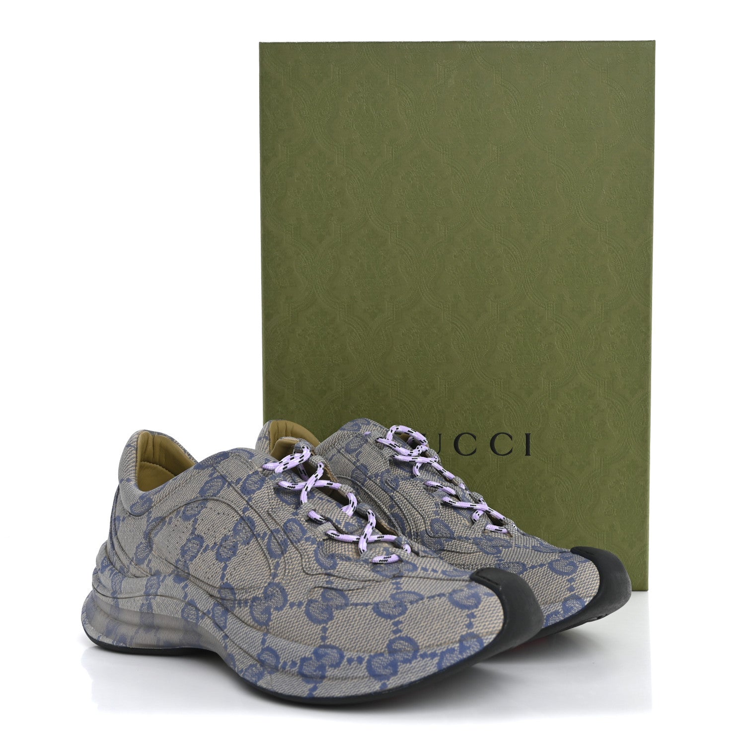 Ultralight Plume Calfskin Monogram Printed Mens Gucci Run Sneakers 9.5 Beige Blue