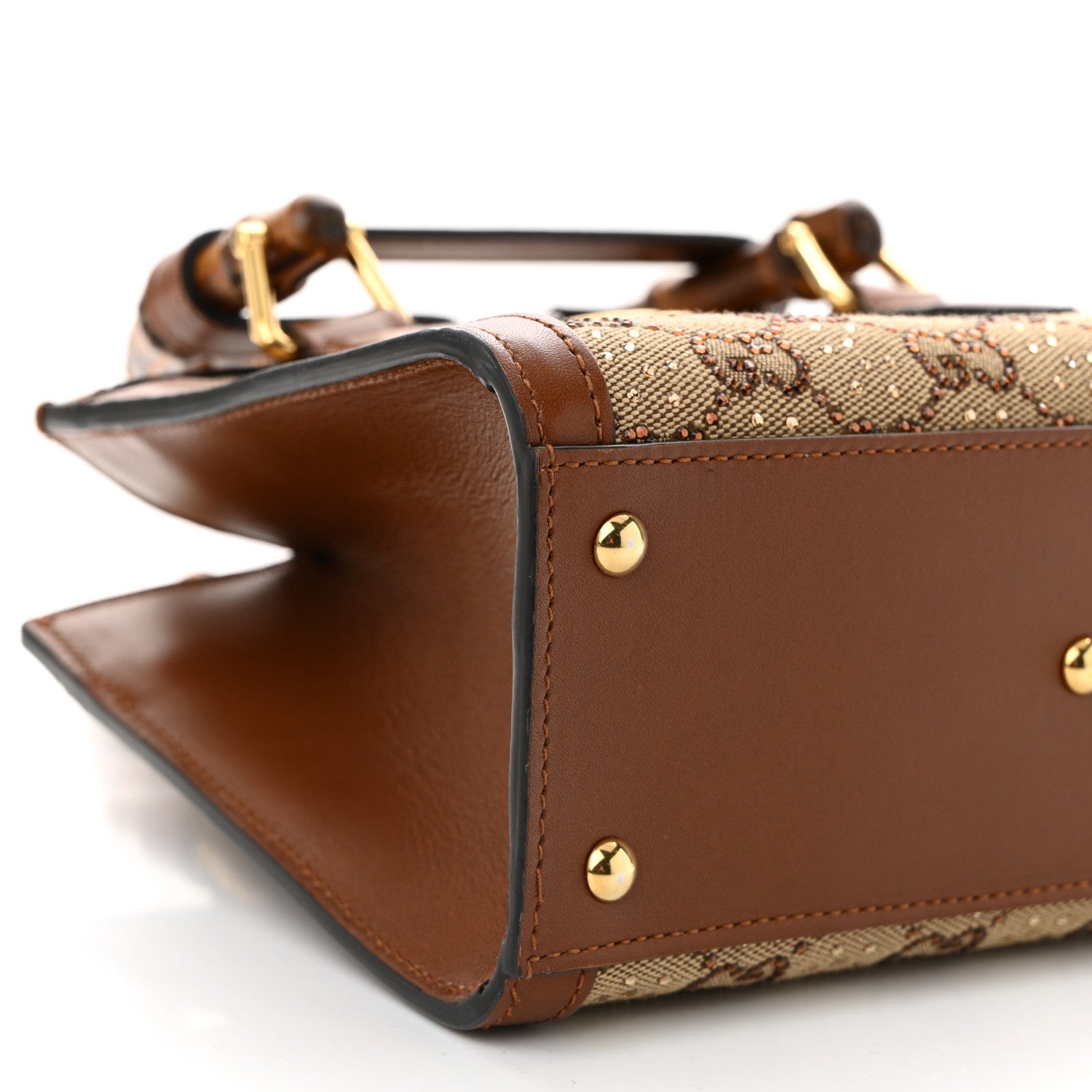 New Canvas Charisma Calfskin Crystal GG Monogram Mini Diana Tote Bag Camel Ebony