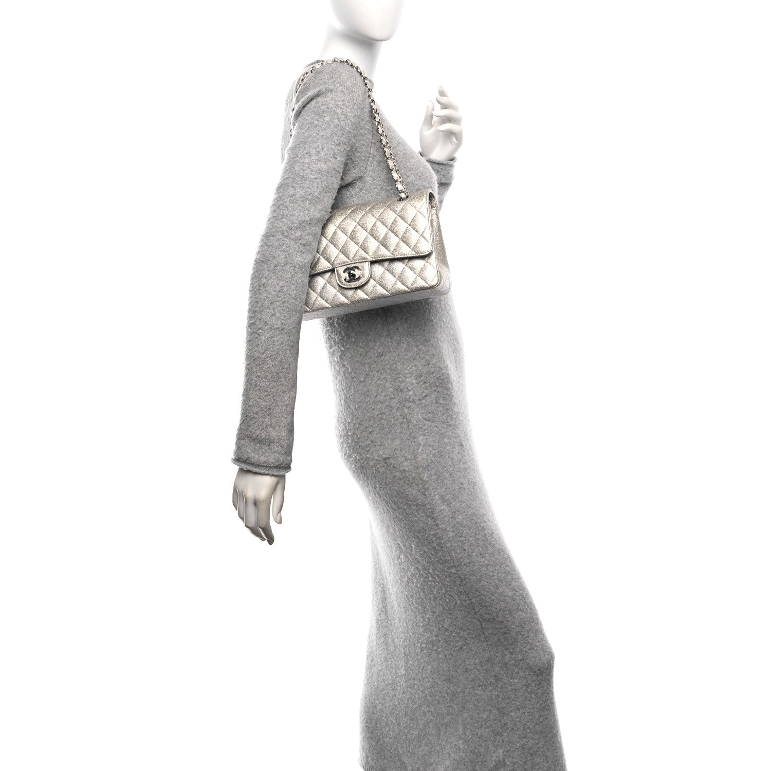 Glittered Metallic Caviar Quilted Medium Double Flap Silver