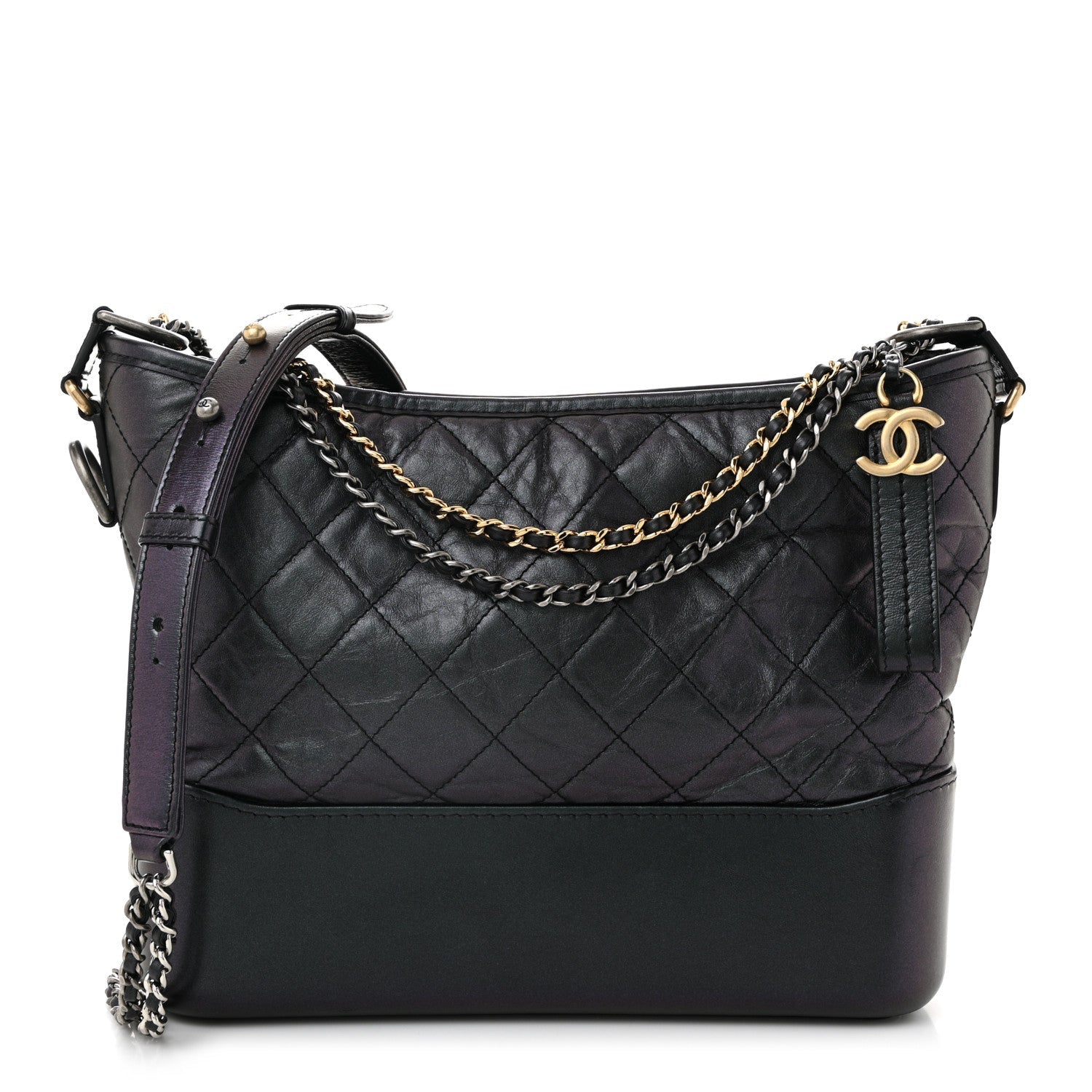 Iridescent Aged Calfskin Quilted Medium Gabrielle Hobo Black