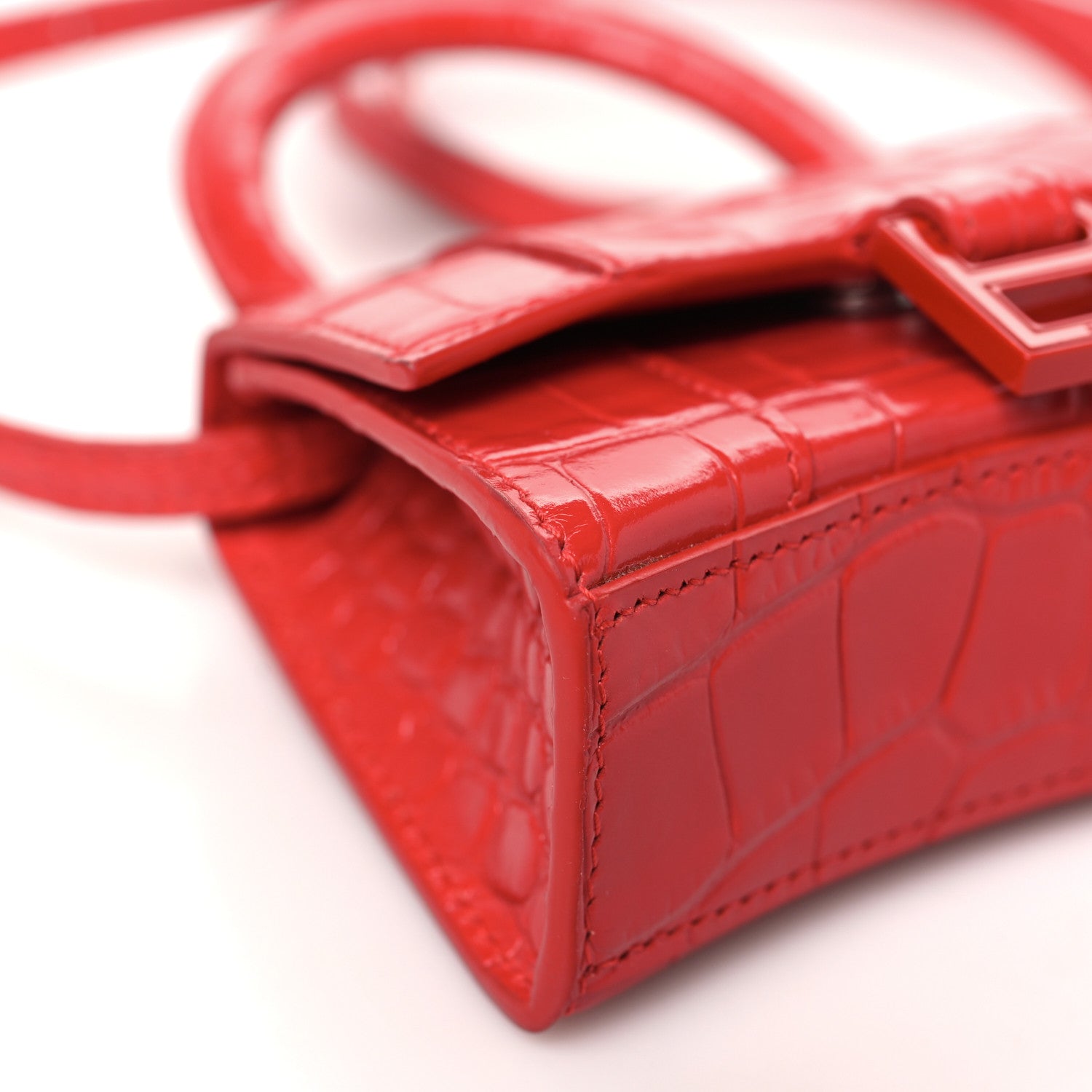 Shiny Calfskin Tonal B Crocodile Embossed Hourglass Top Handle Bag Mini Bright Red