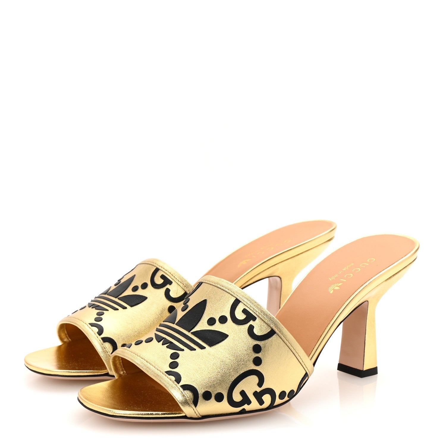 X ADIDAS Nappa Silk Charlotte Monogram Jumbo GG Trefoil 75mm Slide Sandals 39.5 King Gold Black