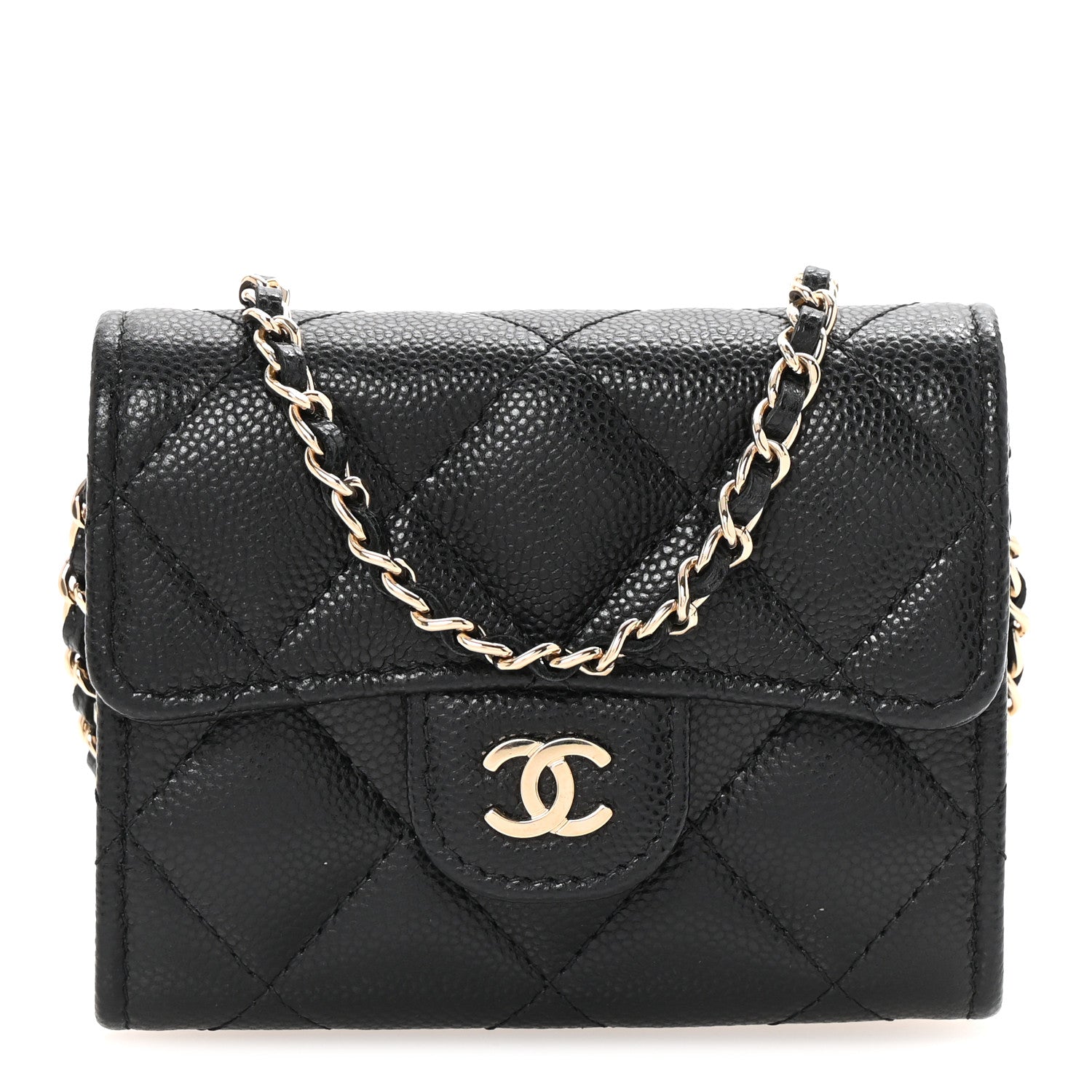 Caviar Quilted Flap Card Holder On Chain Black