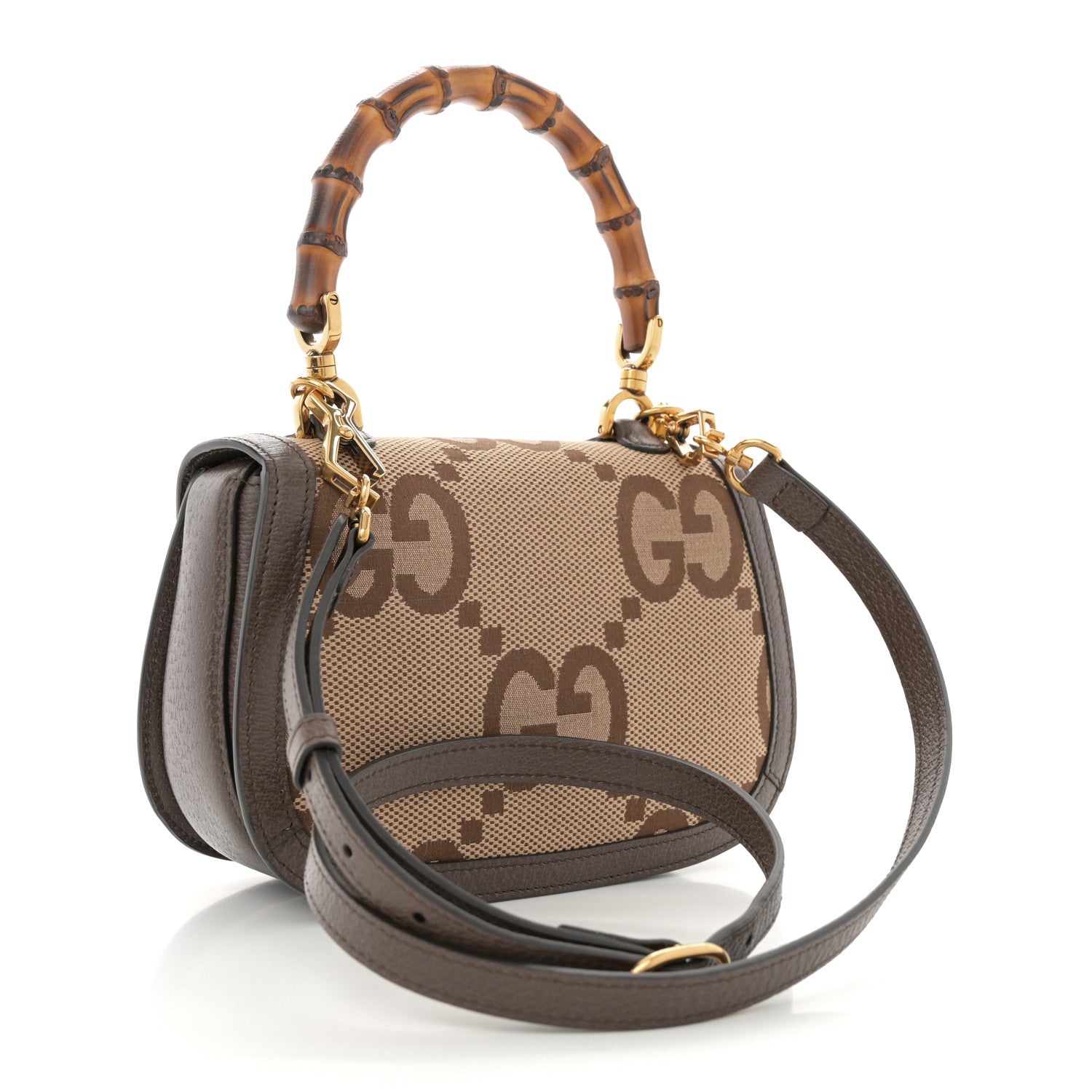 Monogram Jumbo GG Textured Dollar Calfskin Web Small Bamboo 1947 Top Handle Bag Camel Ebony New Acero