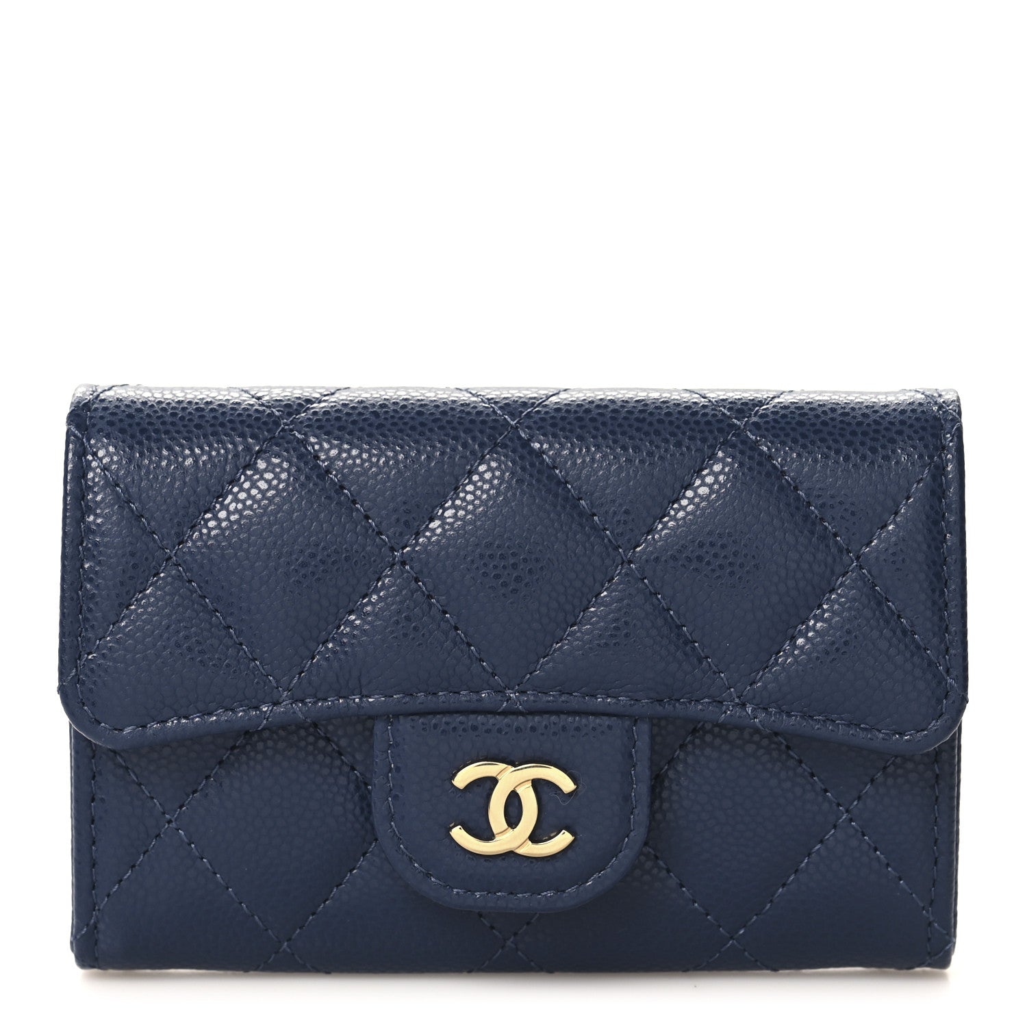 Caviar Quilted Flap Card Holder Wallet Navy Blue